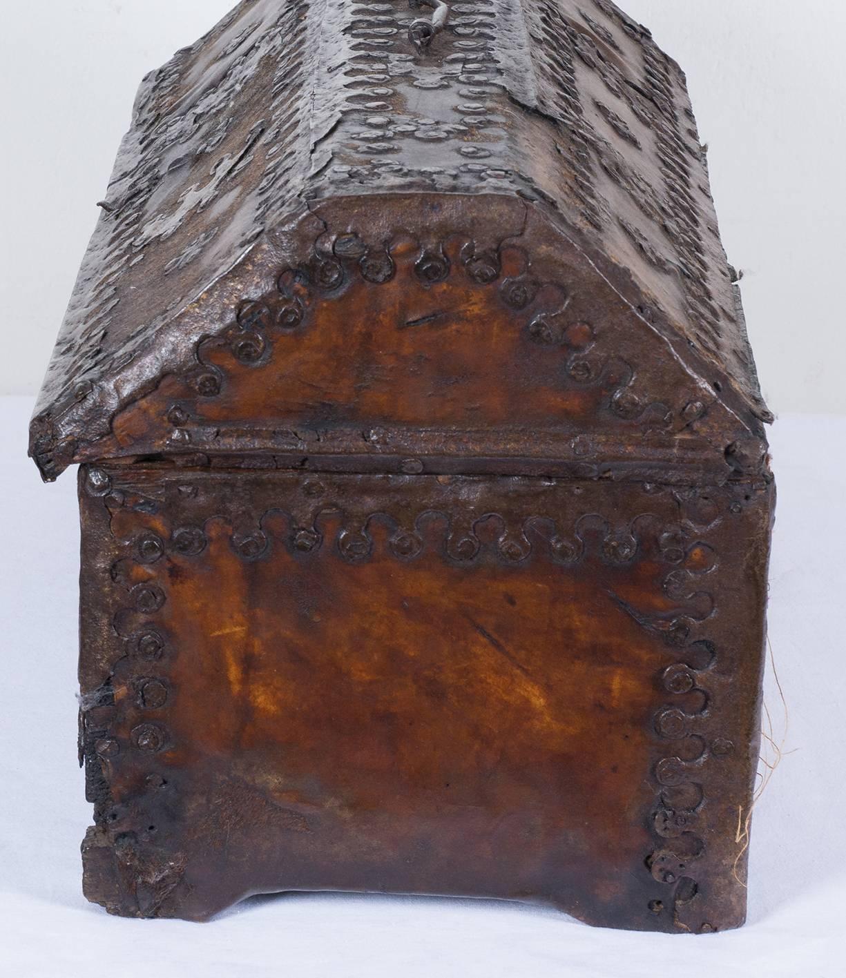 Carved 16th Century Spanish Leather and Wood Box with Ironwork For Sale