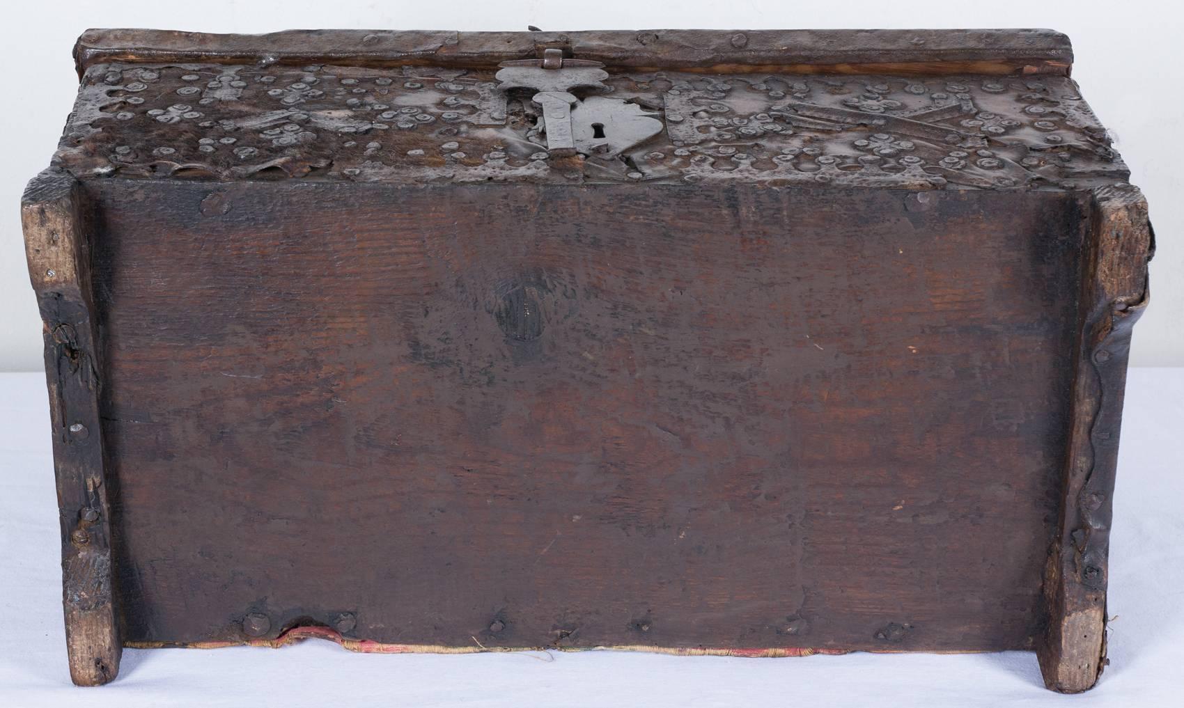 18th Century and Earlier 16th Century Spanish Leather and Wood Box with Ironwork For Sale