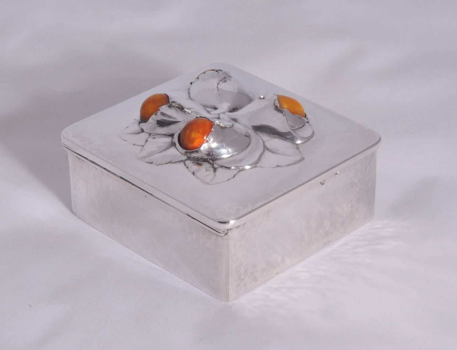 Art Nouveau Evald Nielsen Silver and Amber Set Box in the Style of Georg Jensen