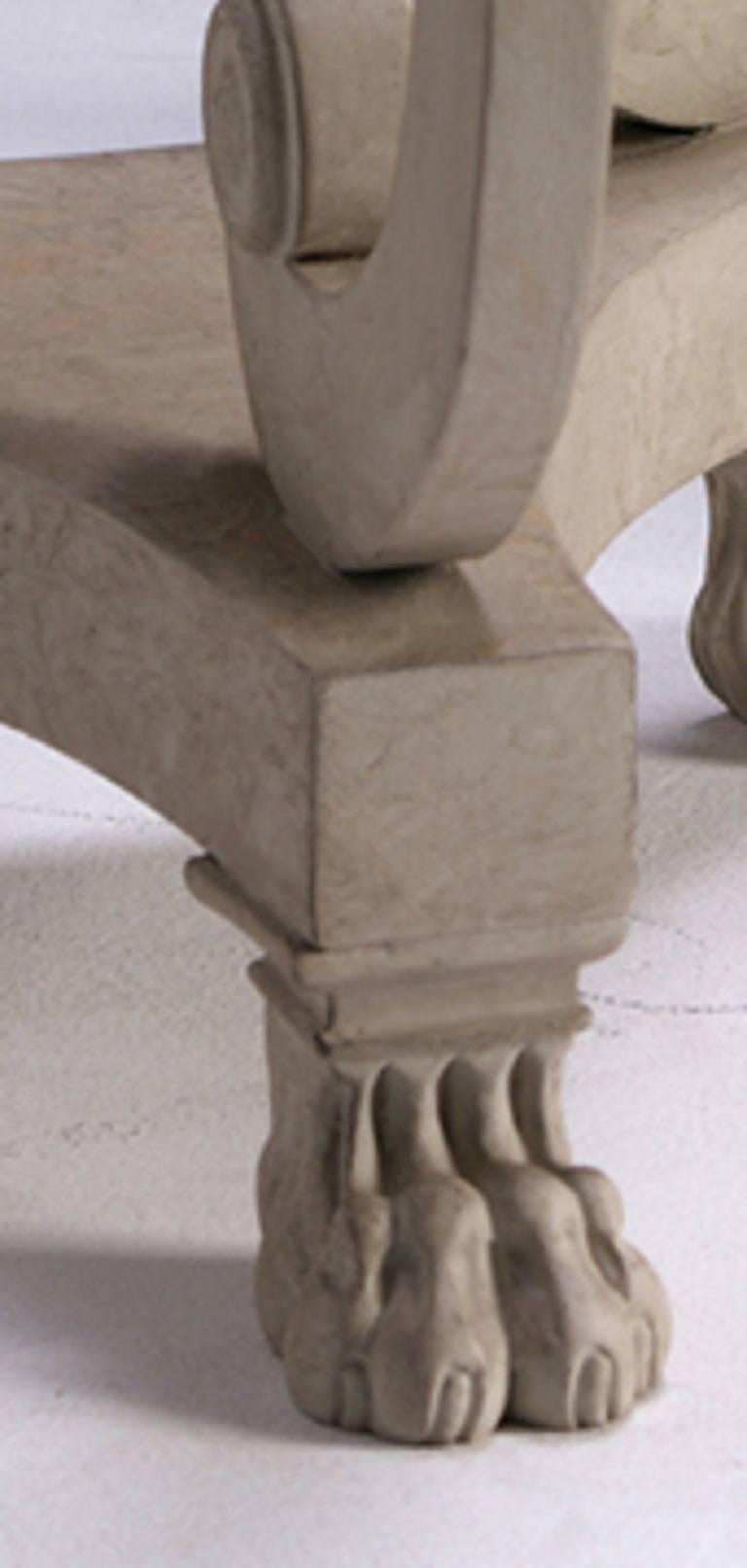 A pair of marble topped three scroll torchers on tirform bases with carved paw feet. Finished in and aged painted stone finish.

We are currently working to a 30-36 week lead time.