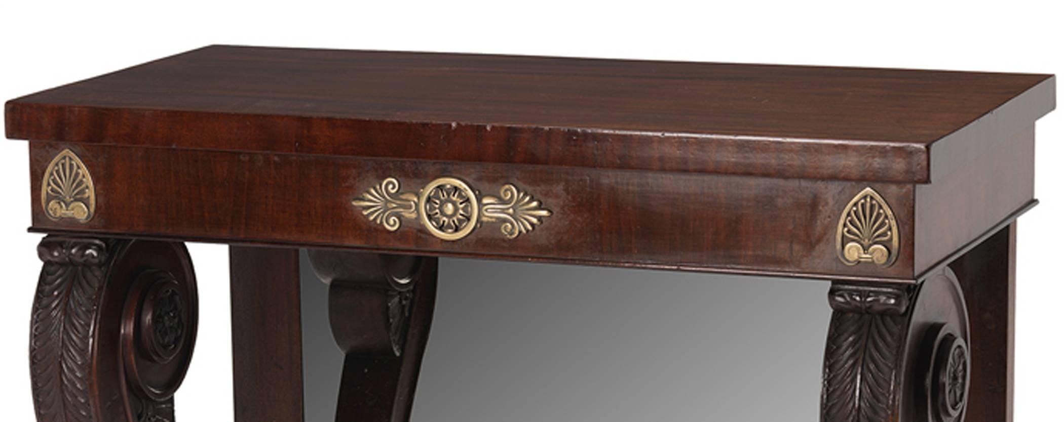 A pair of fabulous Regency manner design mahogany brass-mounted console tables. These consoles were constructed from all old elements and appear to be completely of the period but were obviously later assembled. The quality and color are quite