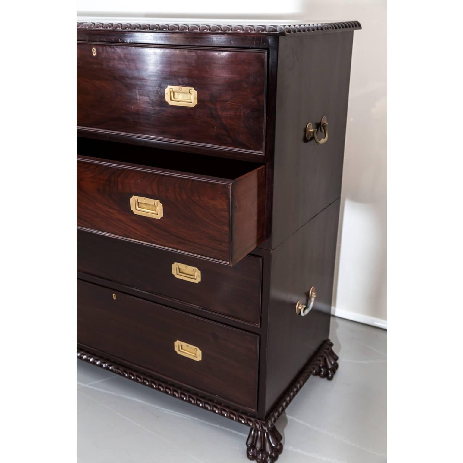 Anglo-Indian or British Colonial Rosewood Campaign Secretaire Chest of Drawers In Excellent Condition For Sale In Singapore, SG