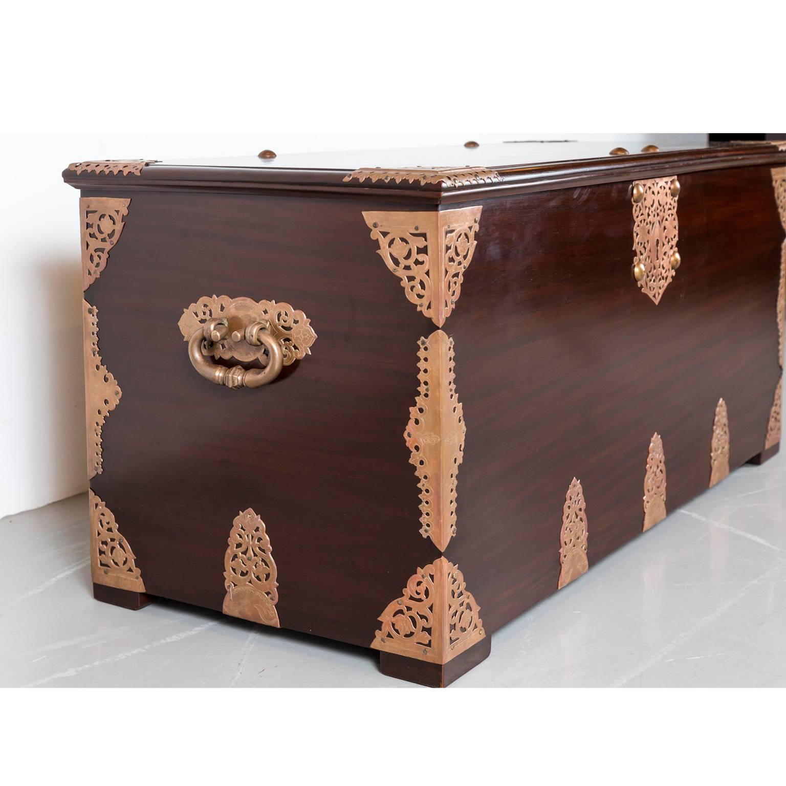 Indo-Dutch or Dutch Colonial Mahogany Brass Bound Chest In Excellent Condition For Sale In Singapore, SG