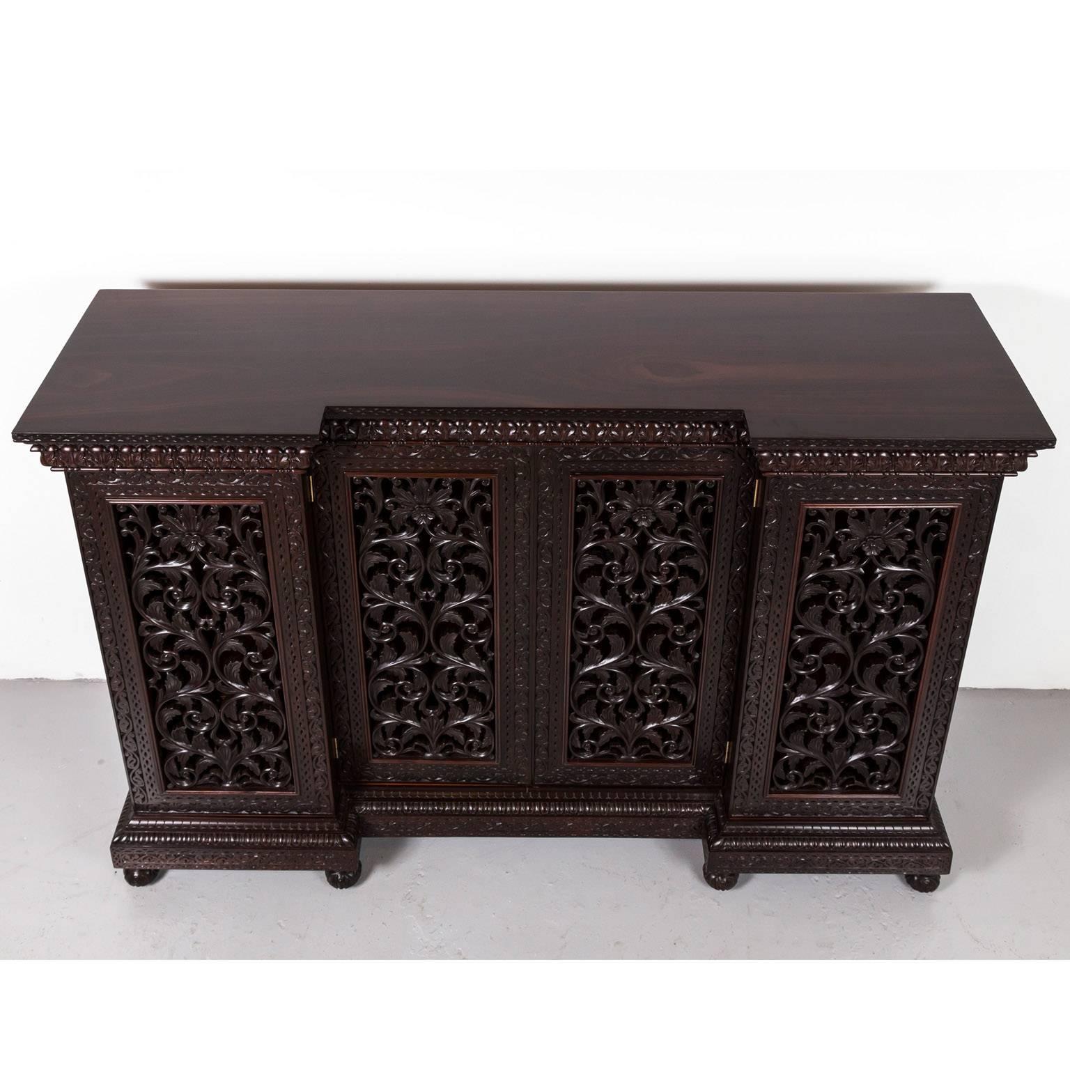 Carved Anglo-Indian or British Colonial Rosewood Breakfront Cabinet