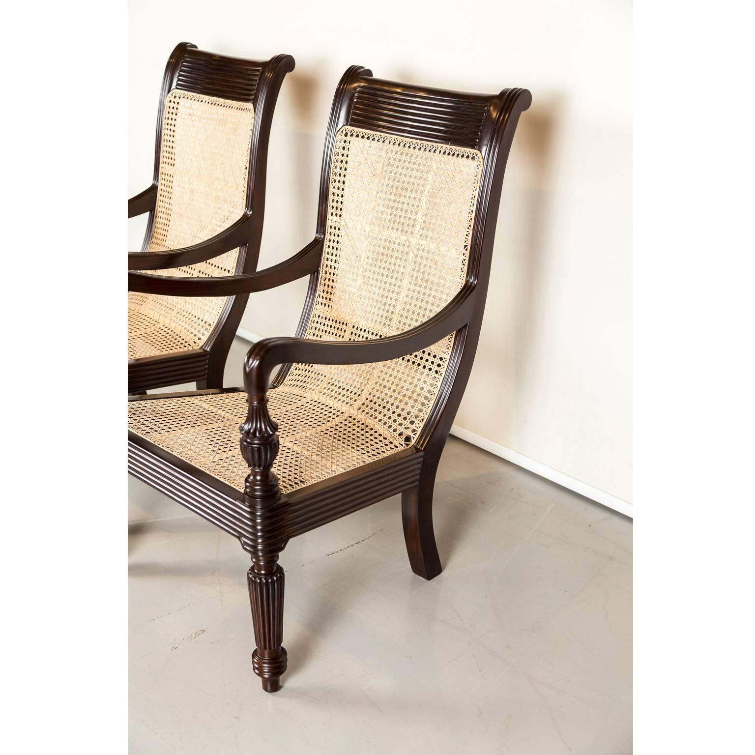 Hand-Woven Pair of Anglo-Indian or British Colonial Rosewood and Cane Library Chairs