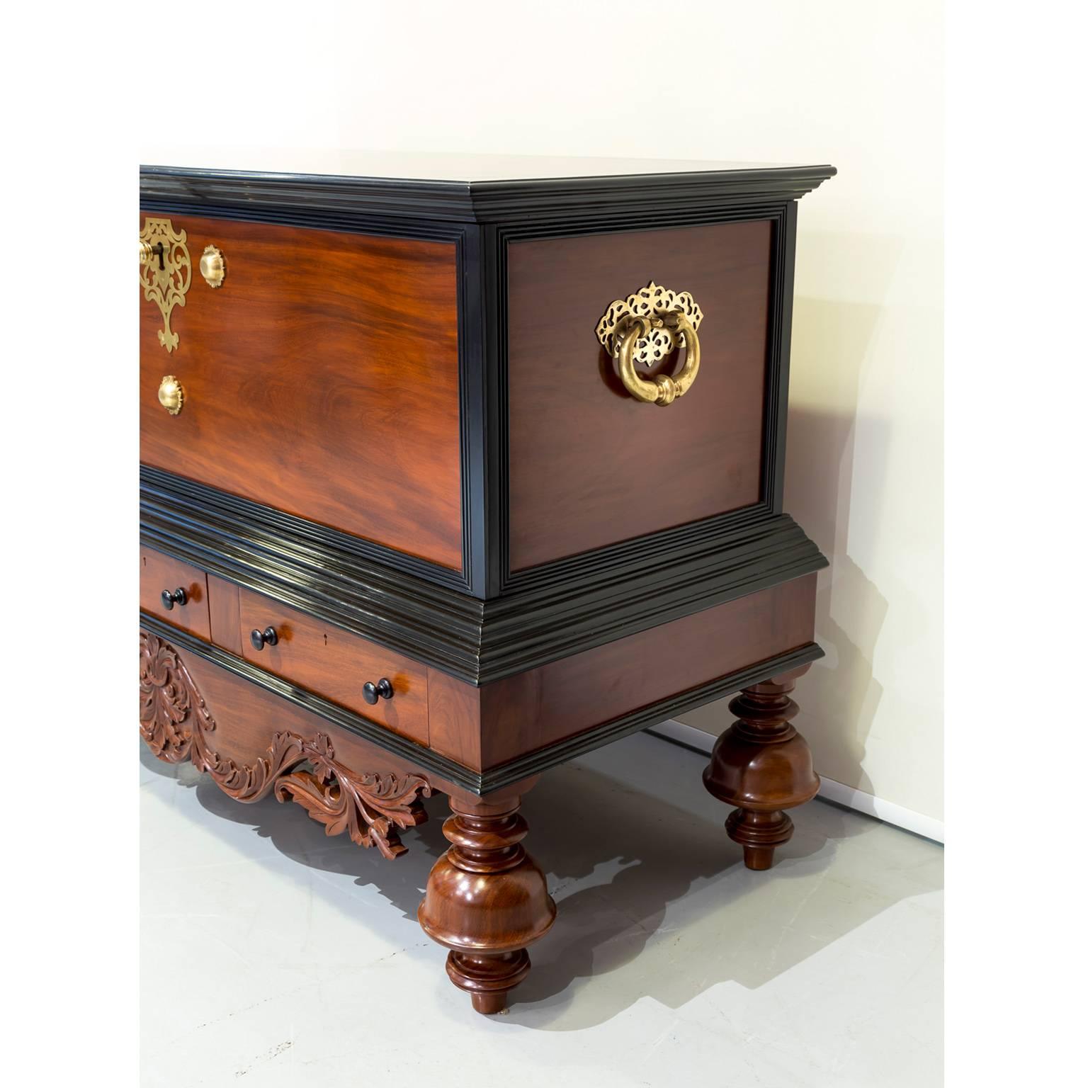 Indian Antique Indo-Dutch or Dutch Colonial Mahogany and Ebony Chest on Stand