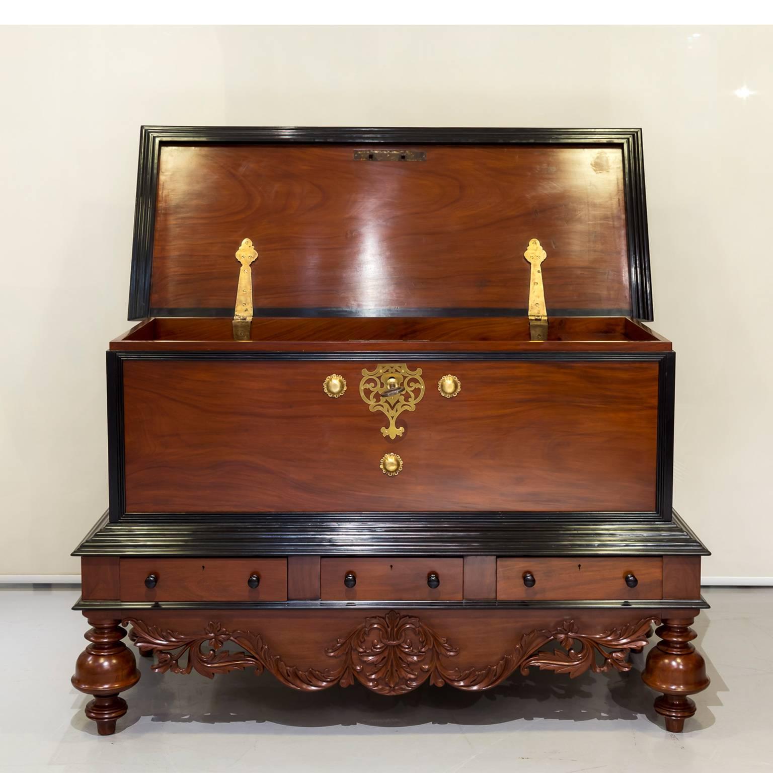 Antique Indo-Dutch or Dutch Colonial Mahogany and Ebony Chest on Stand In Excellent Condition In Singapore, SG