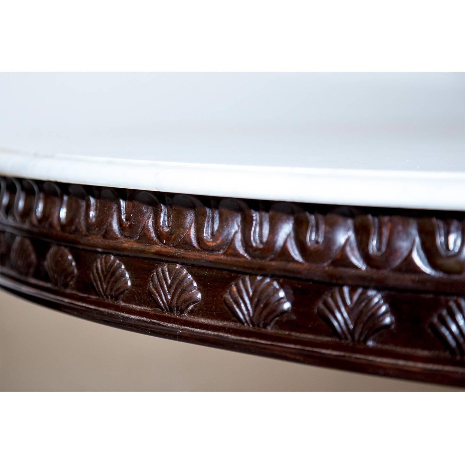 Carved Antique Anglo-Indian or British Colonial Rosewood Dining Table with Marble Top For Sale