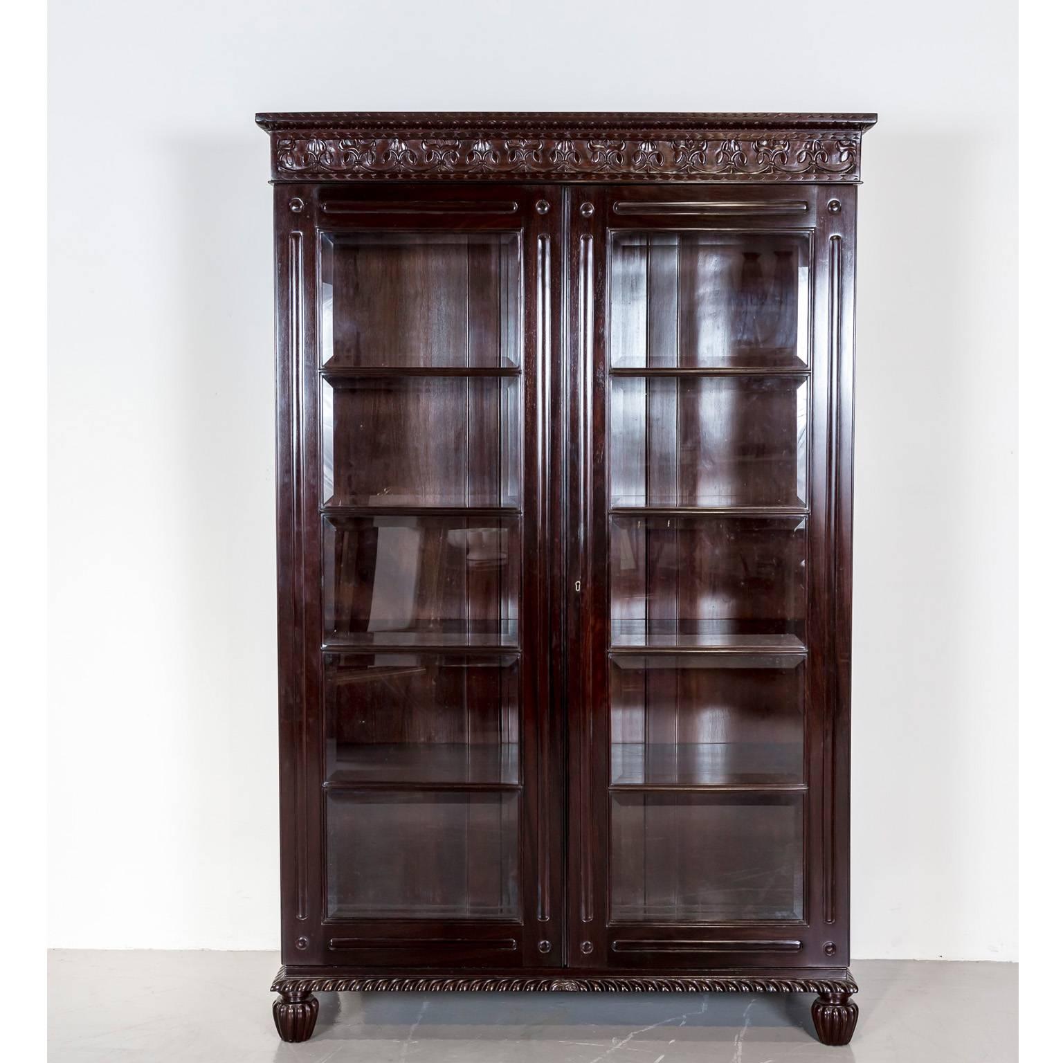 A British Colonial library bookcase in rosewood with a flat top, egg and dart carving on the edge and fleur- de- lis carving on the frieze. The frames of the double doors are carved with elongated reserves and each door has five bevelled glazed