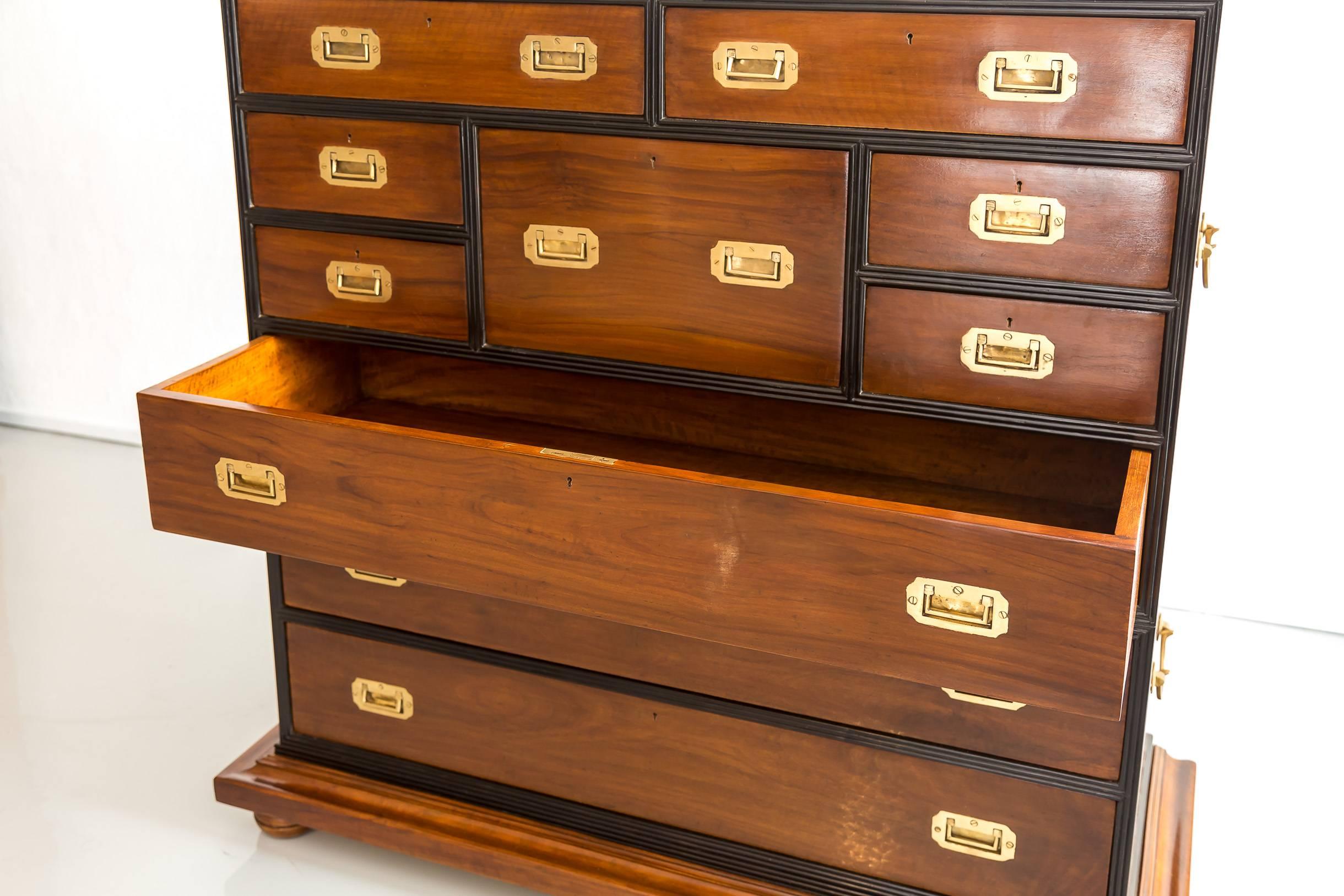 Anglo-Indian or British Colonial Camphor and Ebony Campaign Chest of Drawers For Sale 5