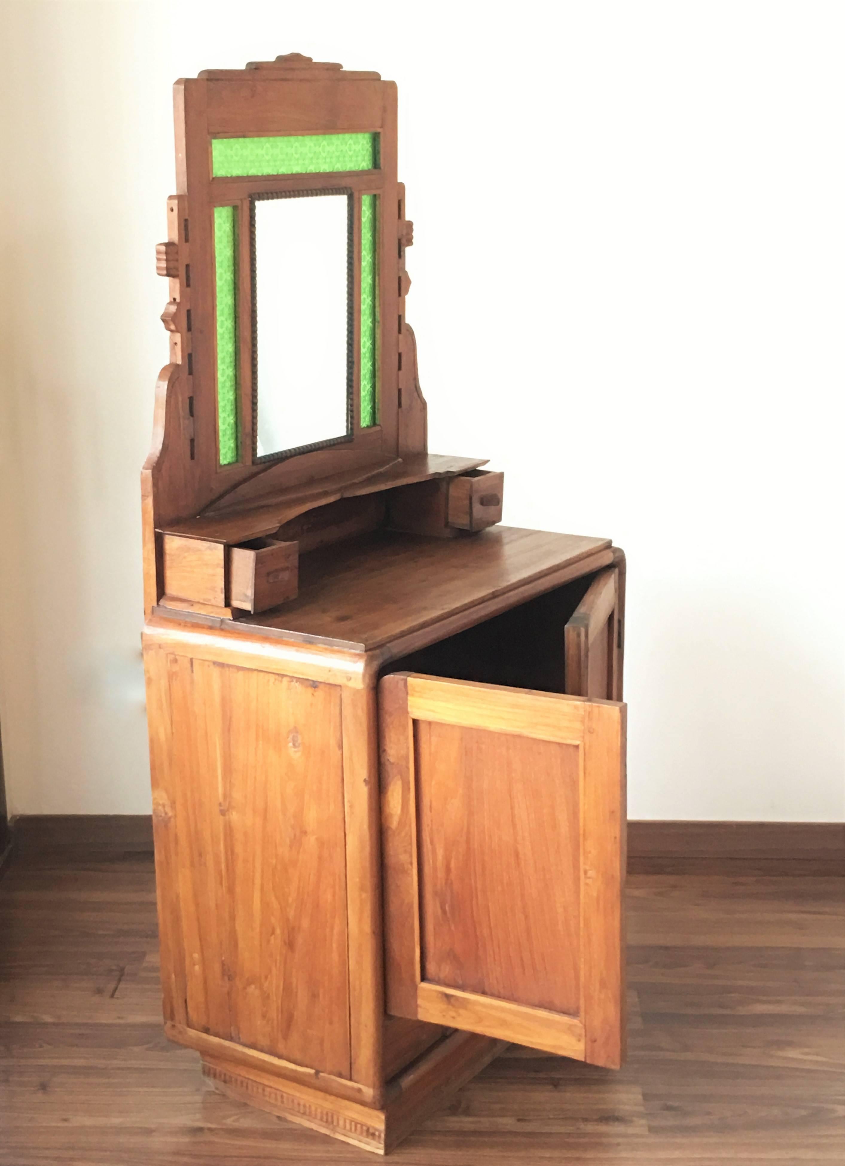 European Oak Sideboard, Buffet with Mirror and Original Green Glass For Sale