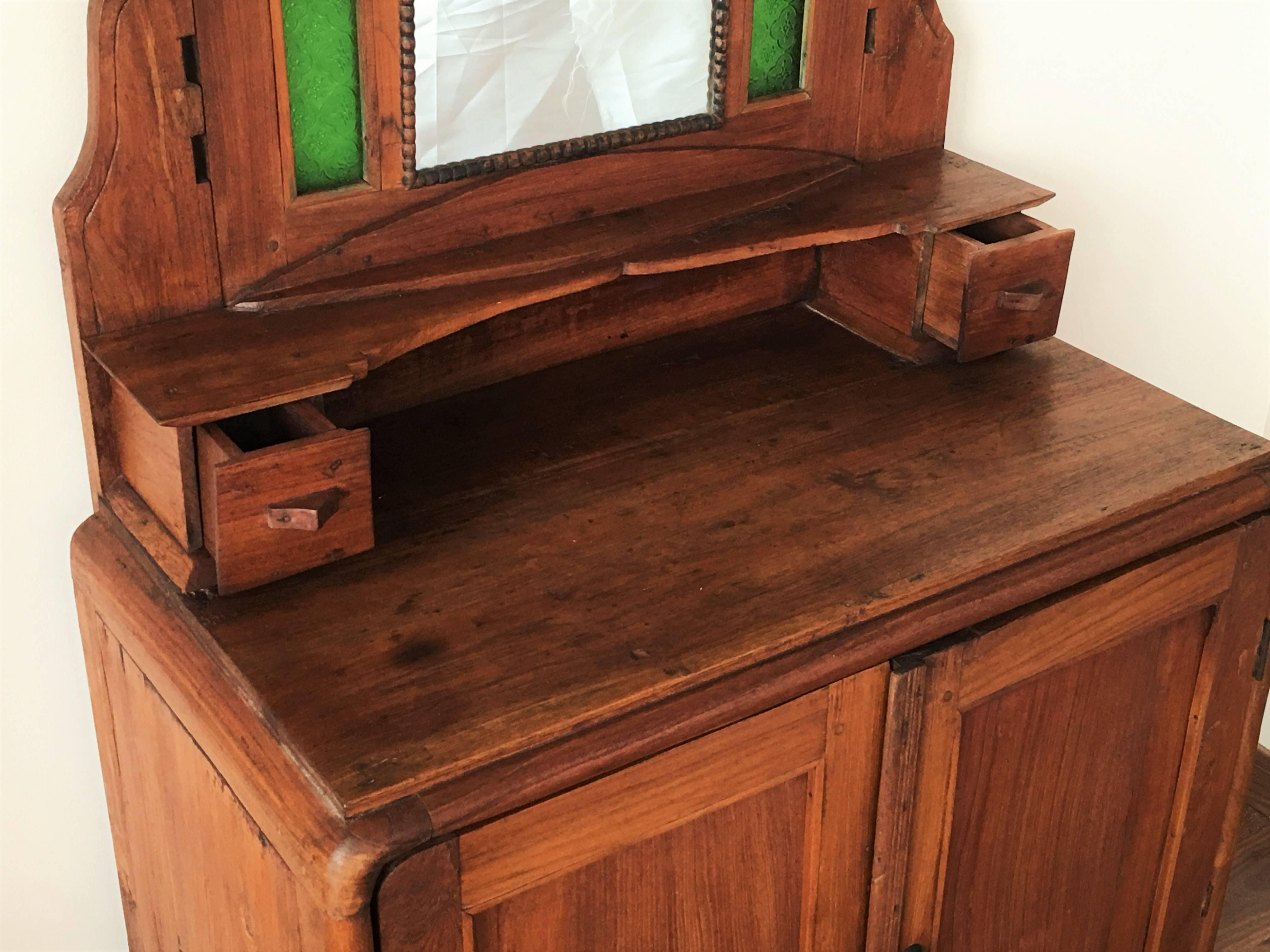 Oak Sideboard, Buffet with Mirror and Original Green Glass In Good Condition For Sale In Miami, FL