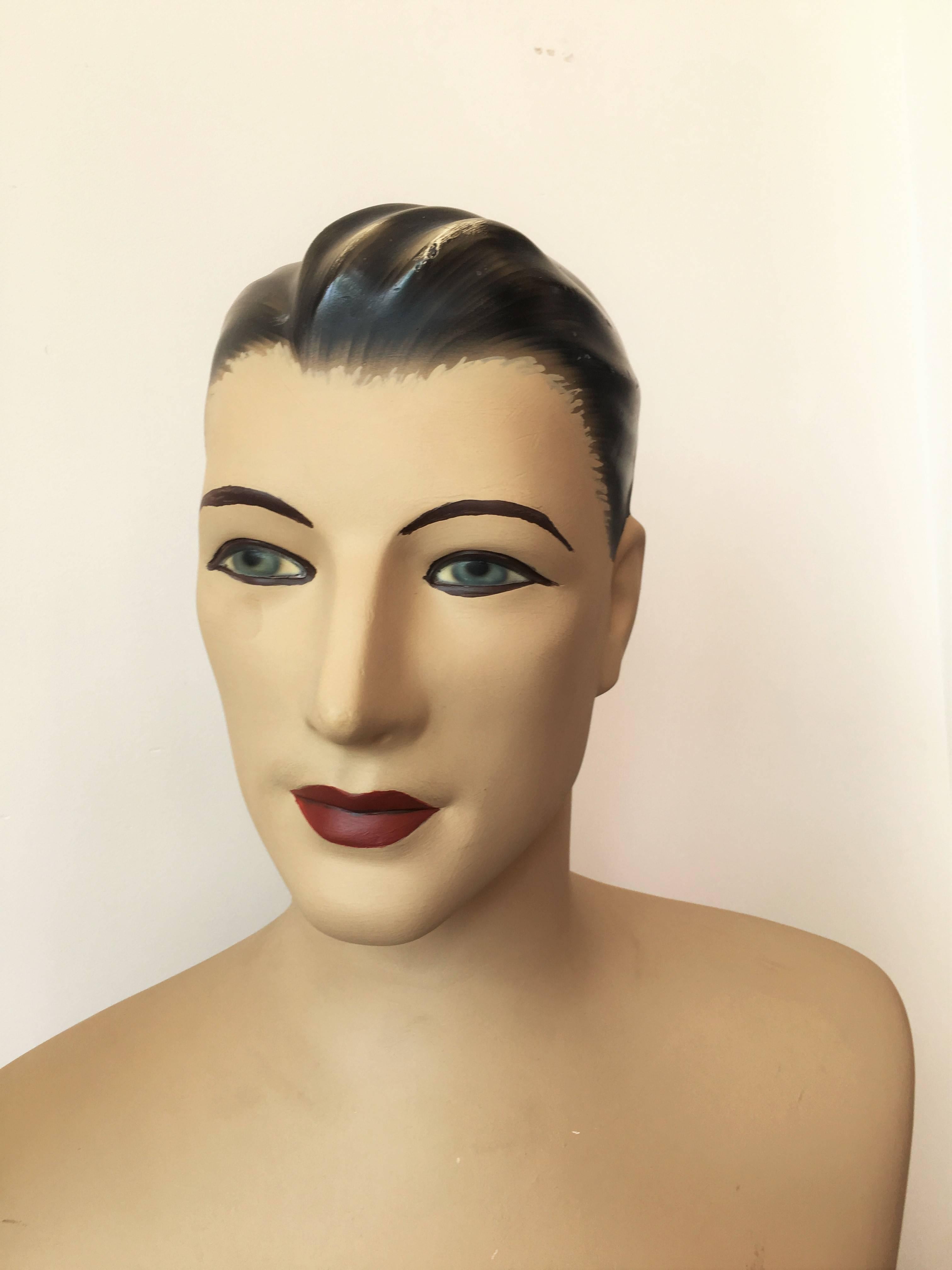 European Art Deco Plaster Bust, Painted Mannequin For Sale