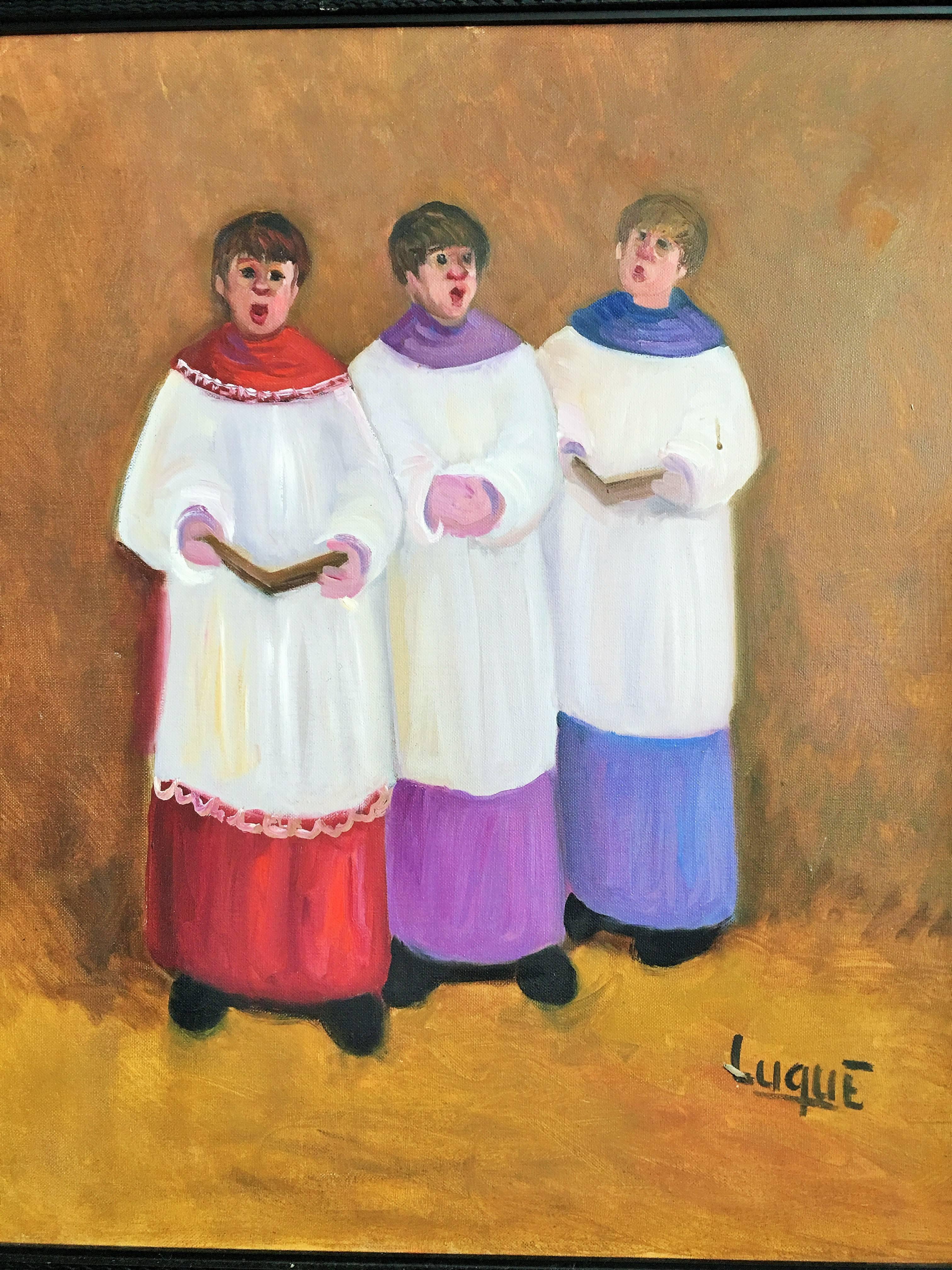 Choirboys singing in altar, Luque, Spain. He was born in 1919.

The author belongs to the Spanish expressionism.
His most important exhibitions :New York and Chicago; US Embassy in Madrid; Reno Montpelier in France; in Paris, Madrid, Valencia .


 