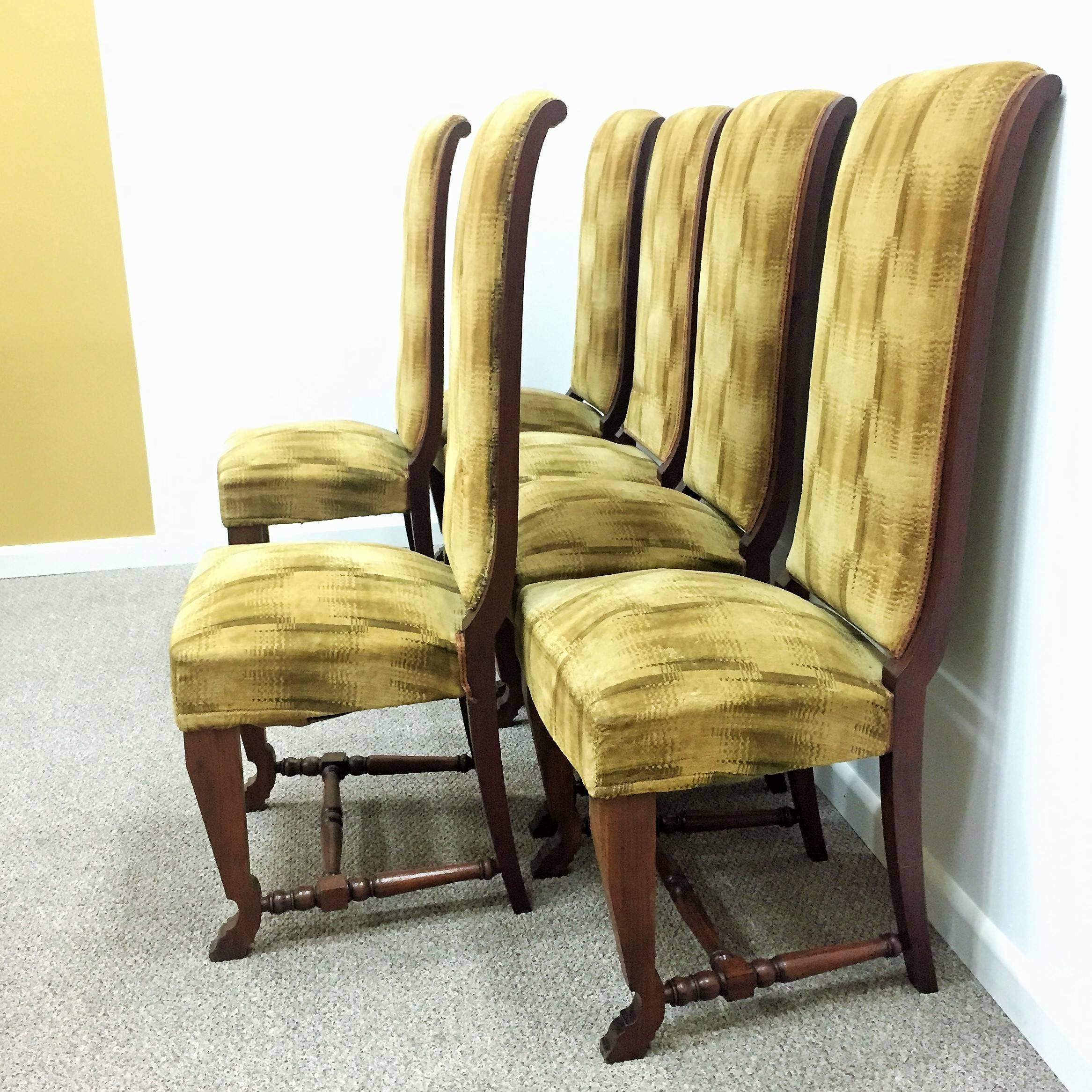 Modern Six French Deco Dark Walnut Refinished Tall Back Dining Chairs