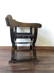 Carved Walnut Leather Savonarola Bench/Settle