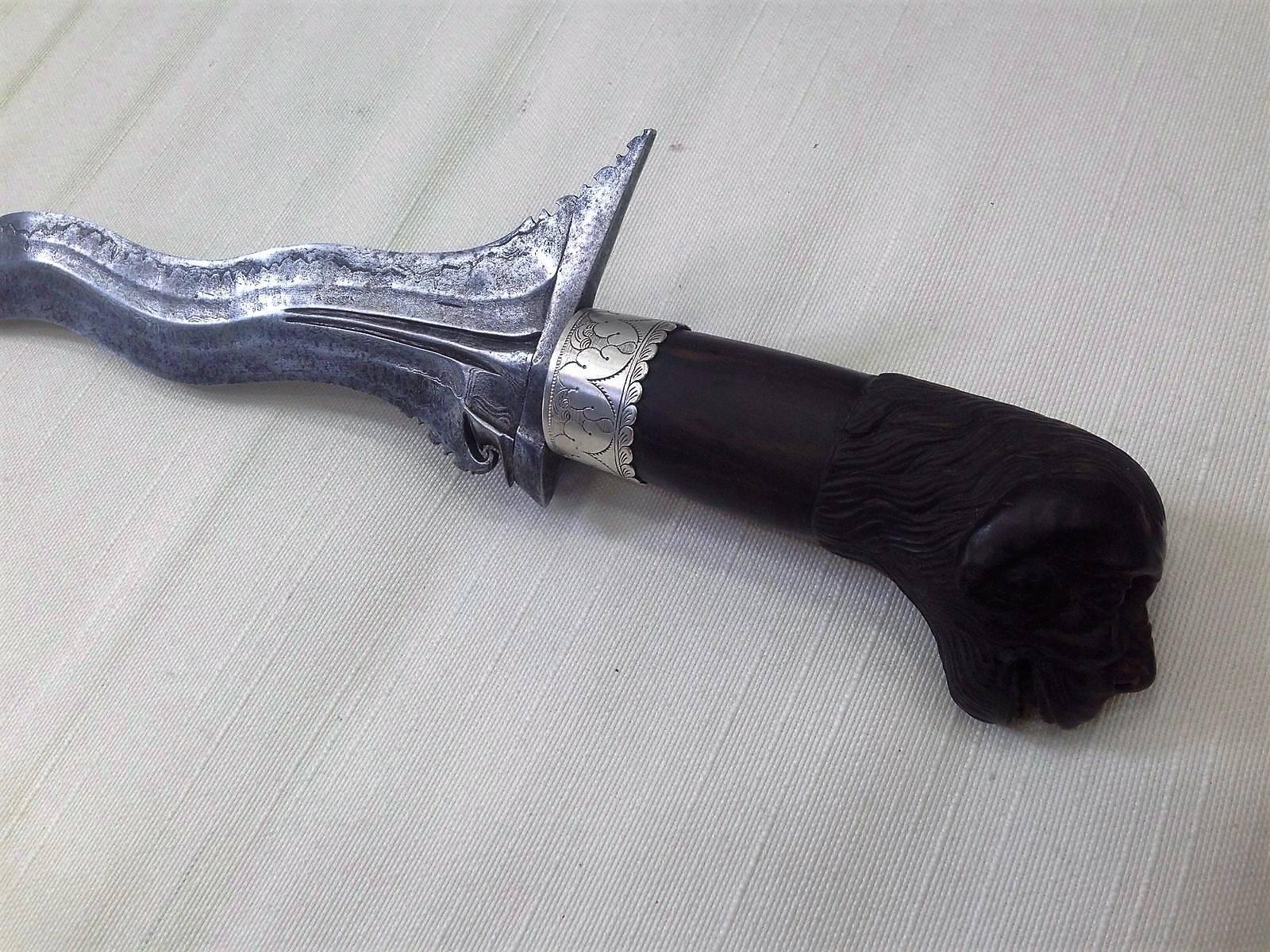 Carved 19th Century Steel and Sterling Silver Malaysian Dagger For Sale