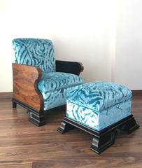 Pair of Art Deco Armchairs and Ottoman in Turquoise Velvet, Mid-Century