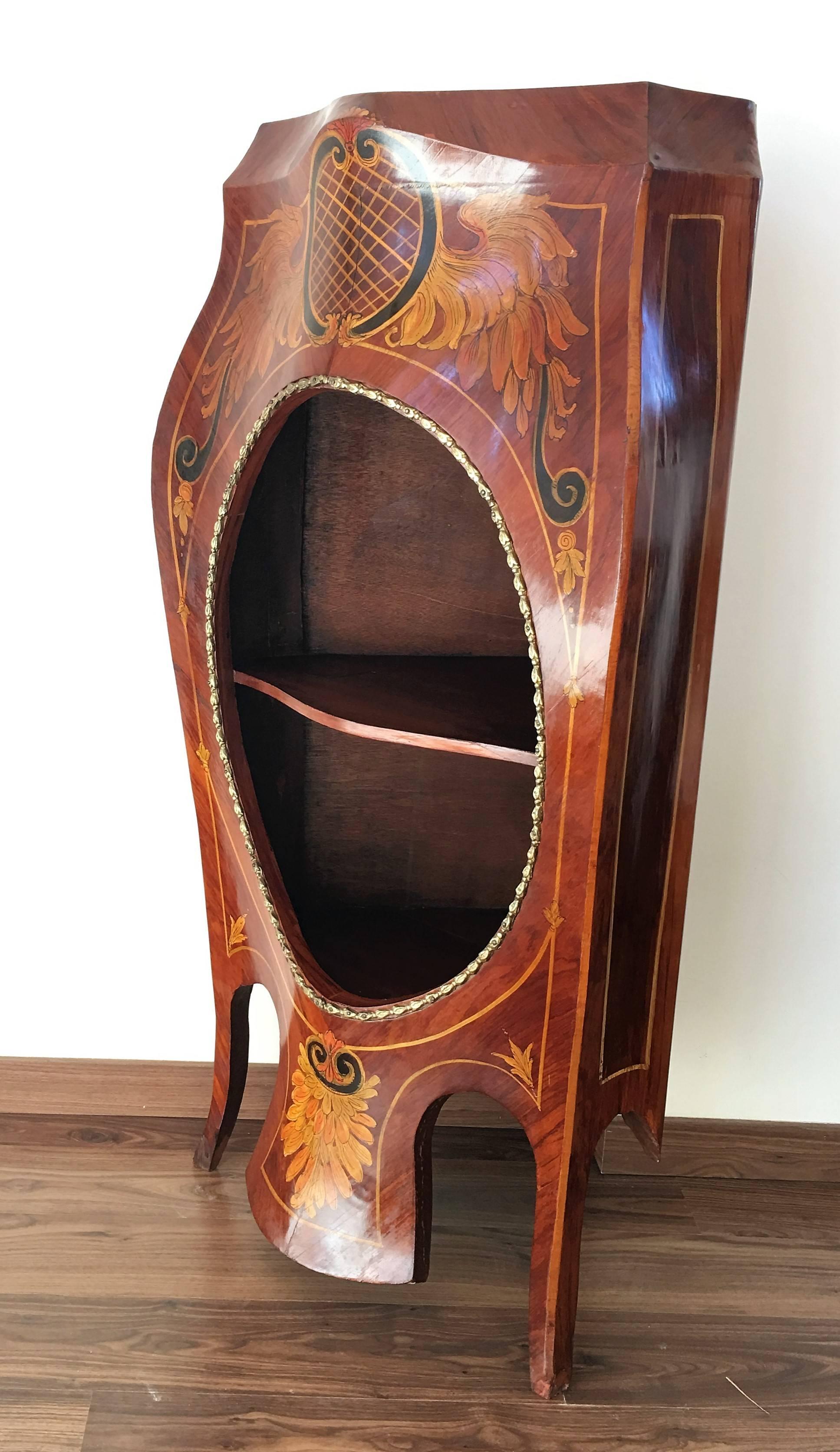 Dutch Colonial Vintage Dutch Marquetry Mahogany Corner Vitrine Shelve with Top Marble