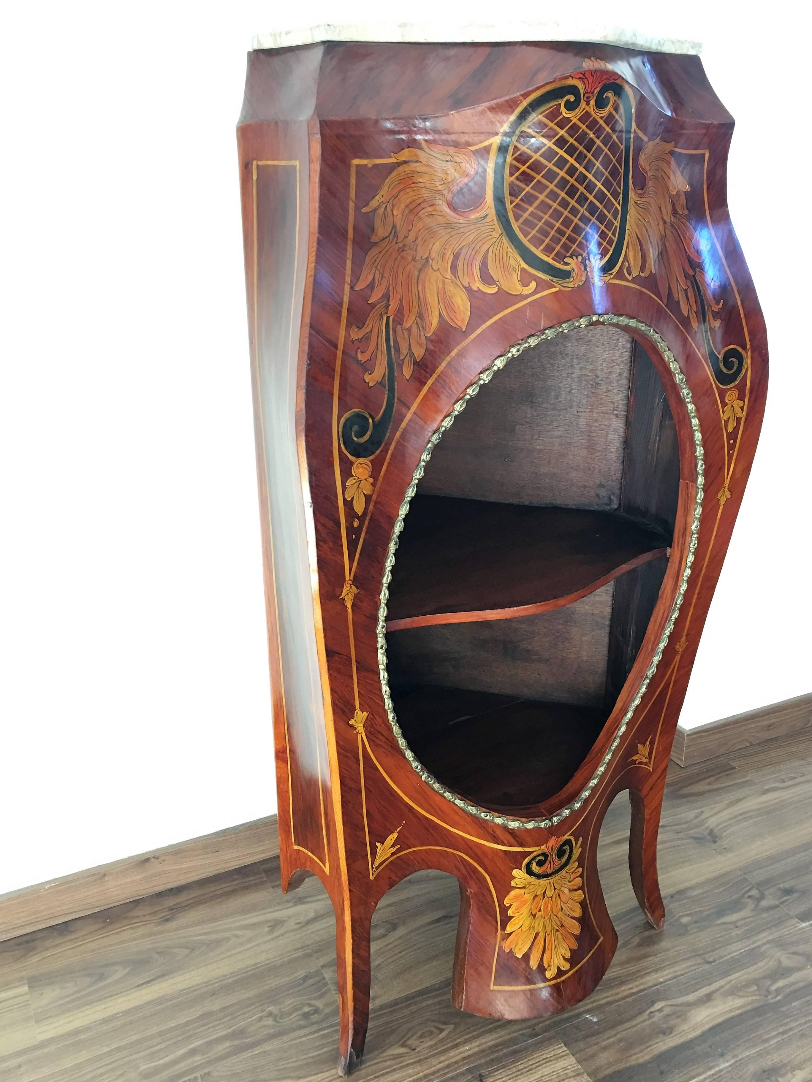 Vintage Dutch marquetry mahogany corner vitrine shelve.