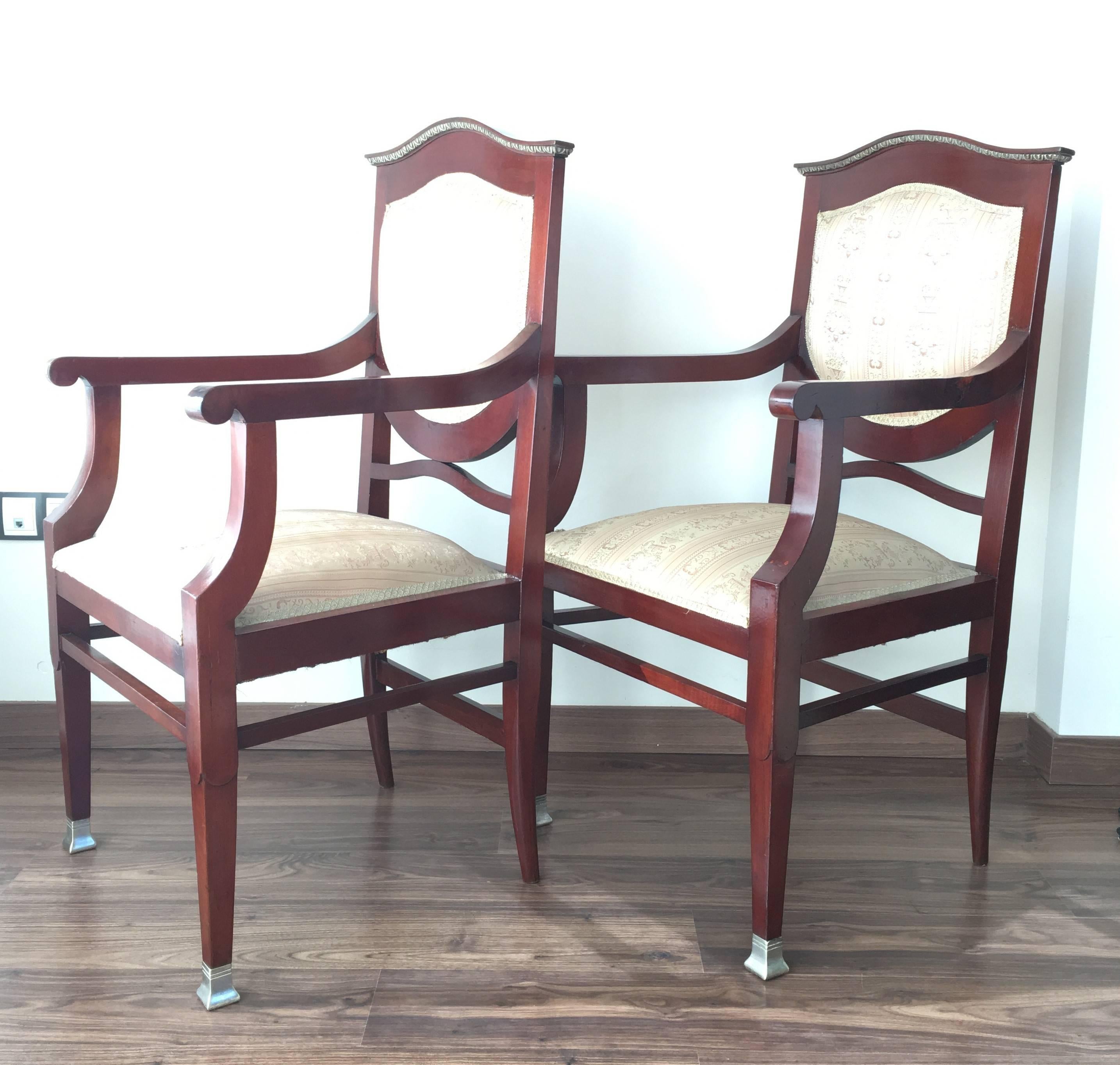 Pair of Swedish Art Deco influenced Klismos armchairs in mahogany with inlay brass.