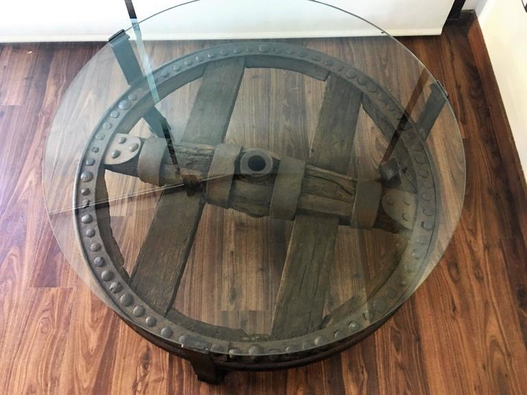Wooden Wagon Wheel Indutrial Accent Spanish Table with Glass Top For