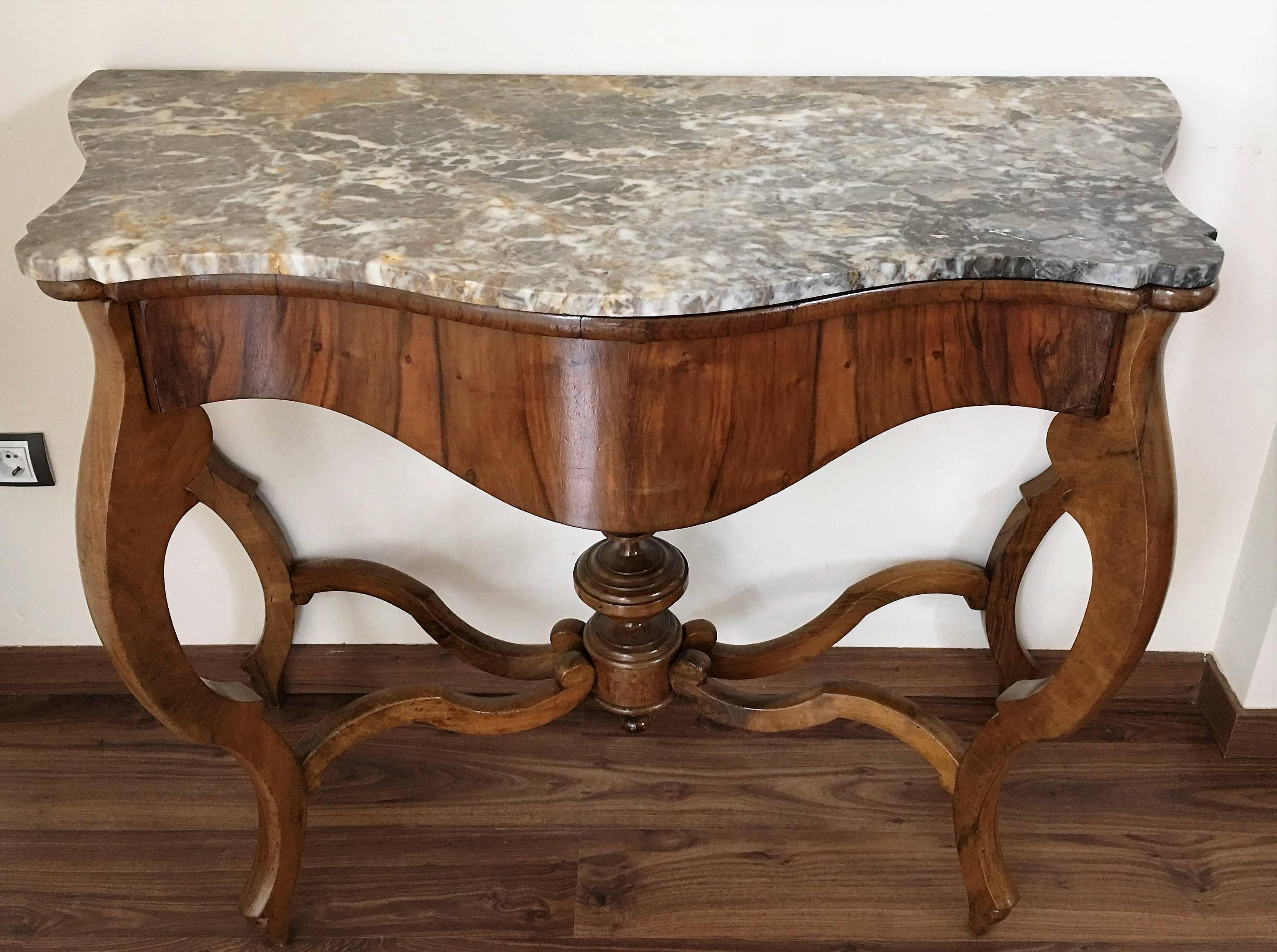 Victorian 19th Century Marble Top Walnut Console Table with drawer