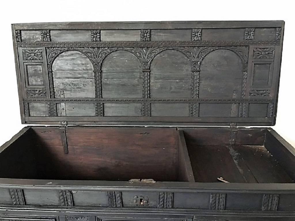 Gothic 17th Century Italian Carved Cassone Trunk with Inside Carved Raised Panel