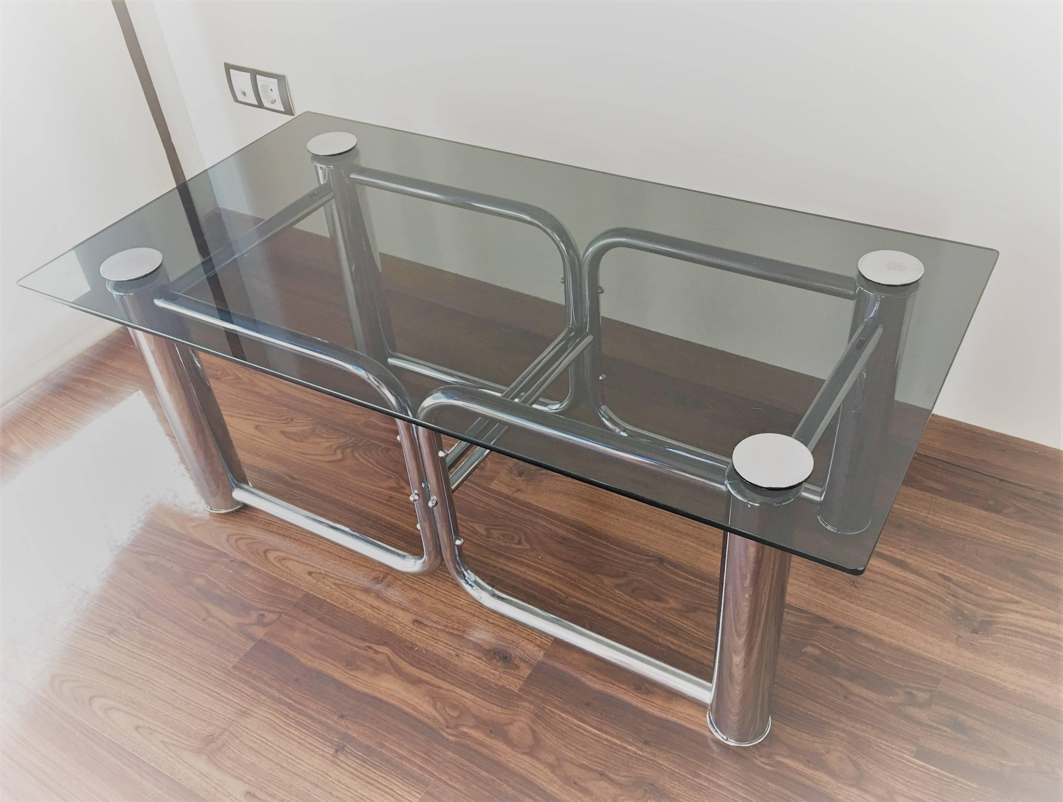 Italian Mid-Century Modern Chrome Coffee Table with Smoked Glass Top