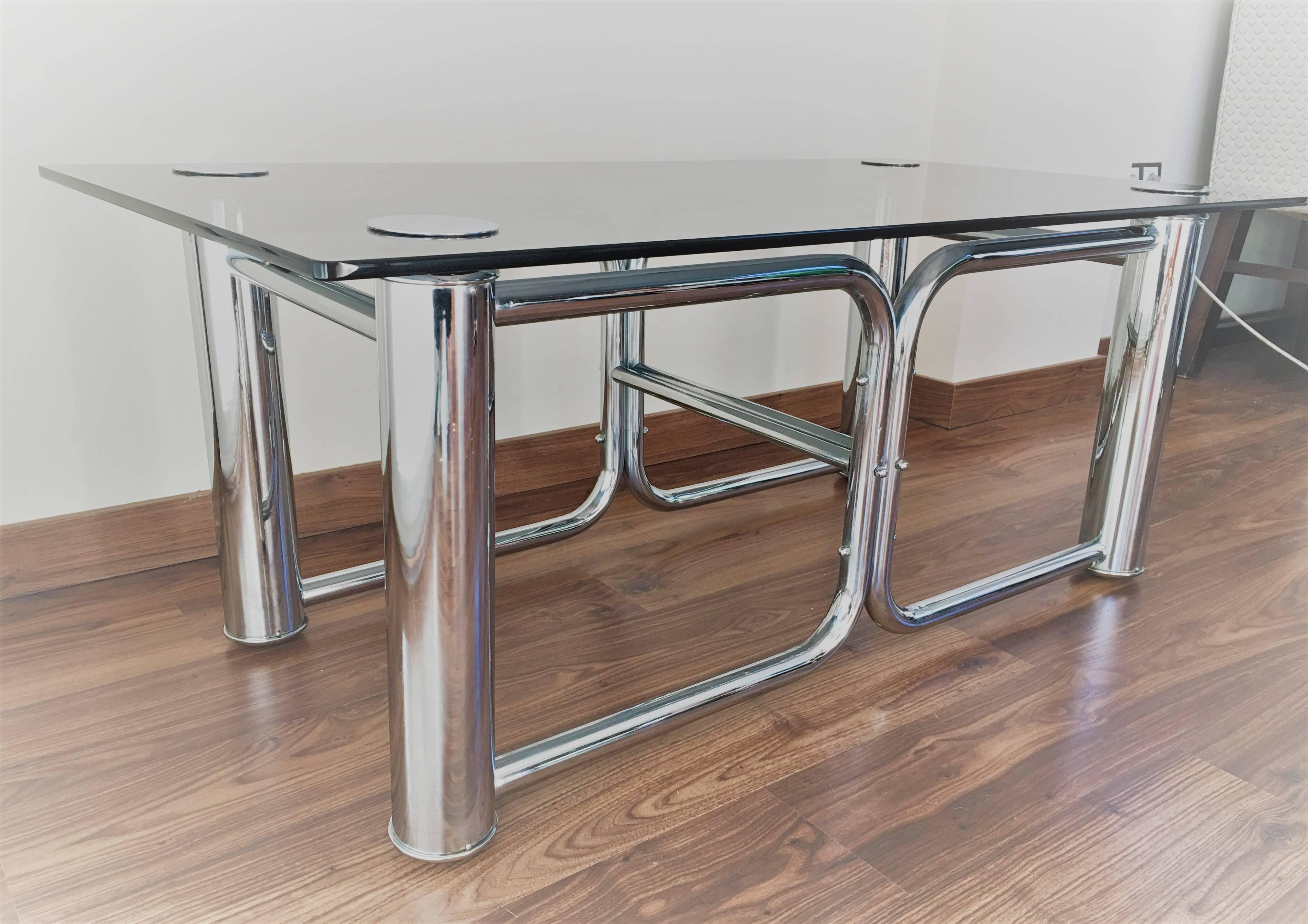 Mid-Century Modern Chrome Coffee Table with Smoked Glass Top 3
