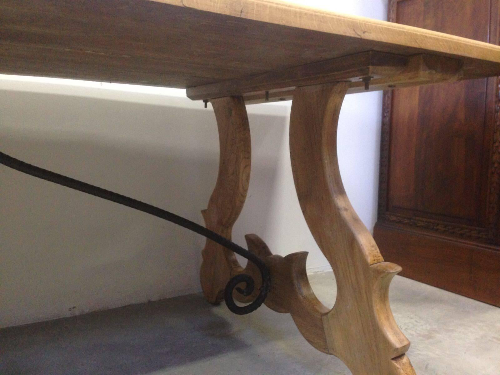 19th Century 19 Century Spanish Farm Trestle Lyre Leg Table with Forged Iron