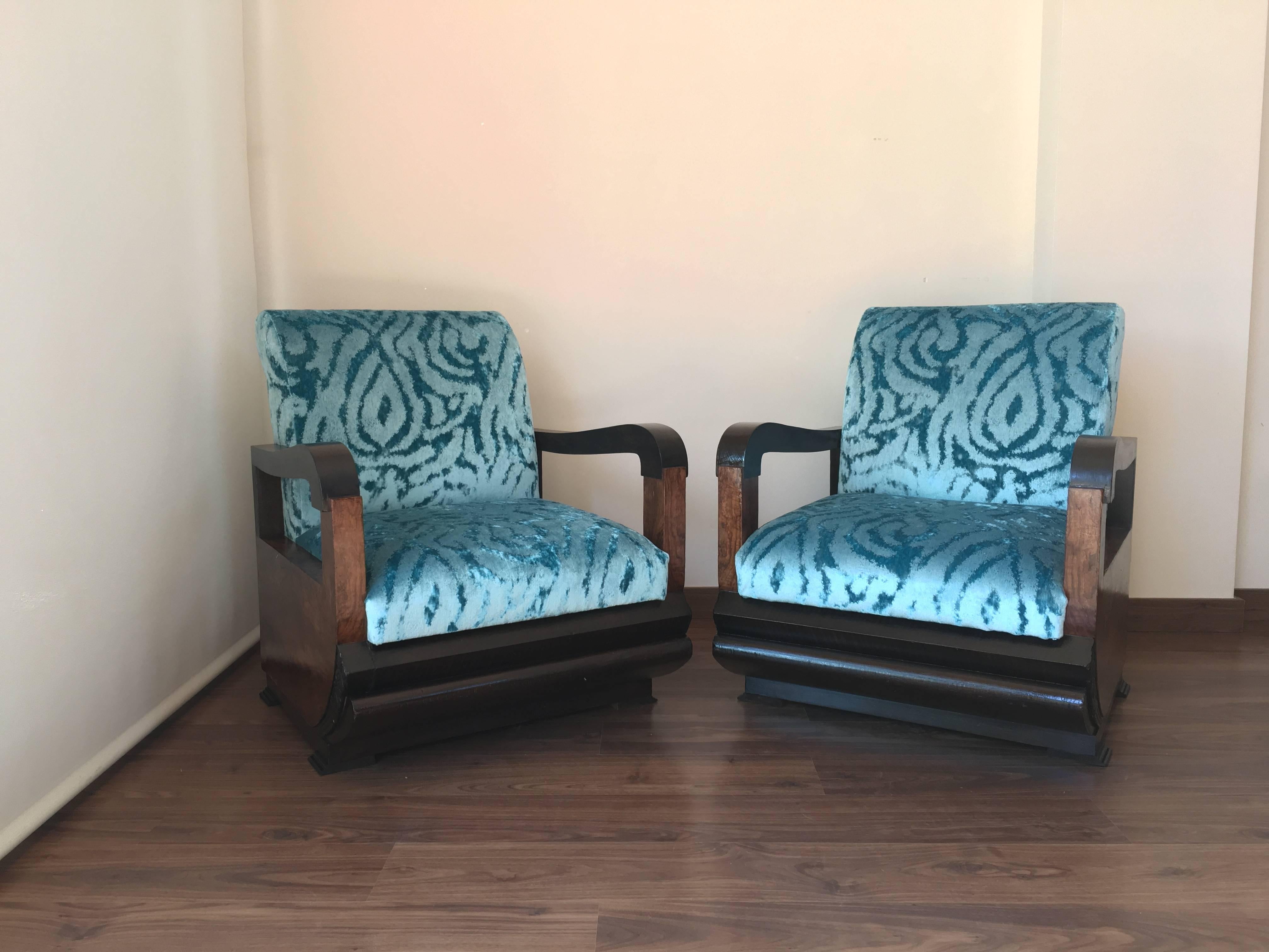 Italian Pair of Art Deco Club Chair with Turqueoise Velvet by Lizzo, Italy