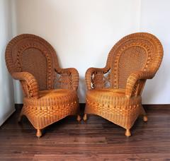 Pair of Large French Provençal Vintage Wicker Rattan Throne Armchairs