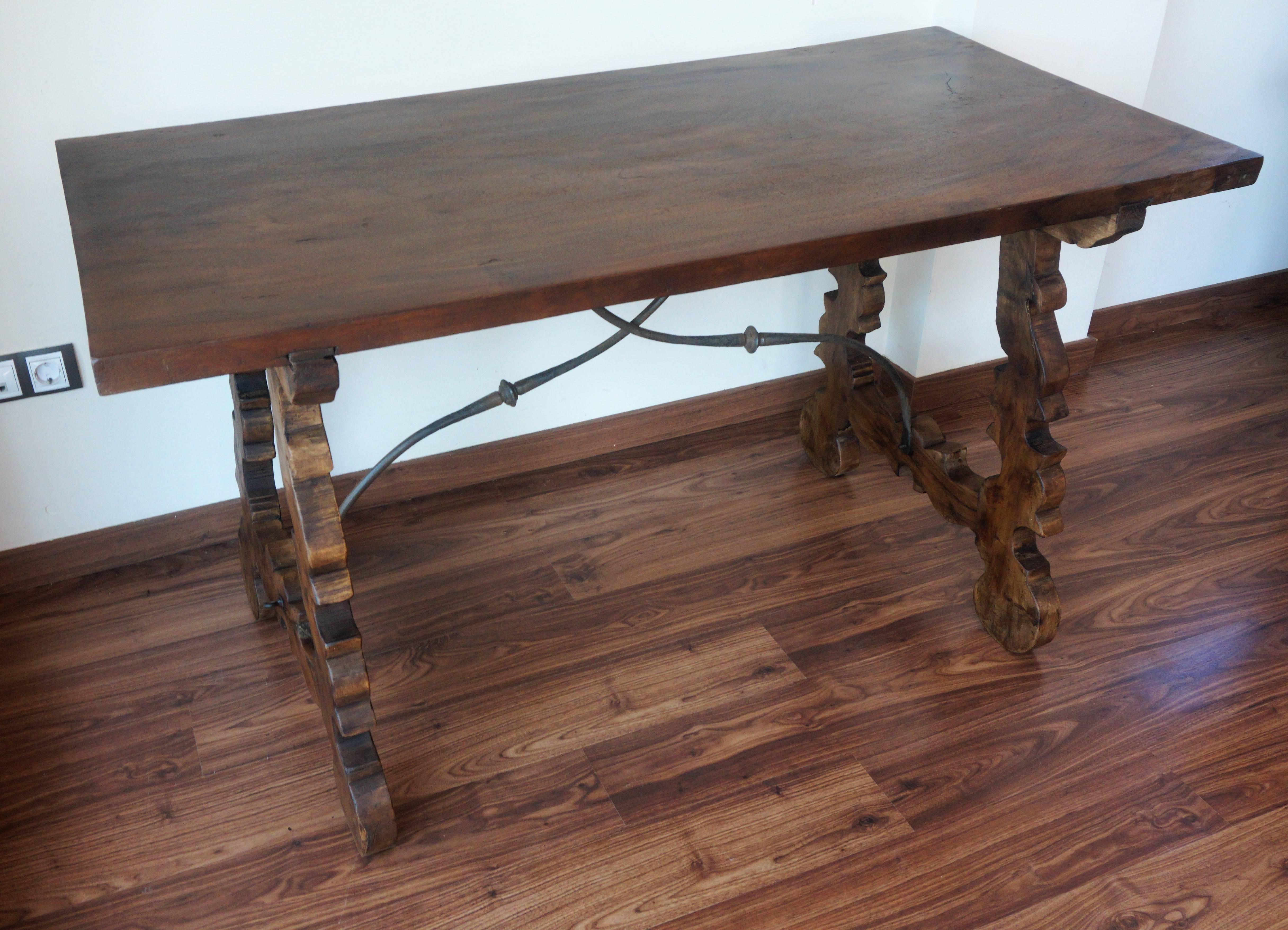 Baroque 18th Century Refectory Spanish Table with Lyre Legs