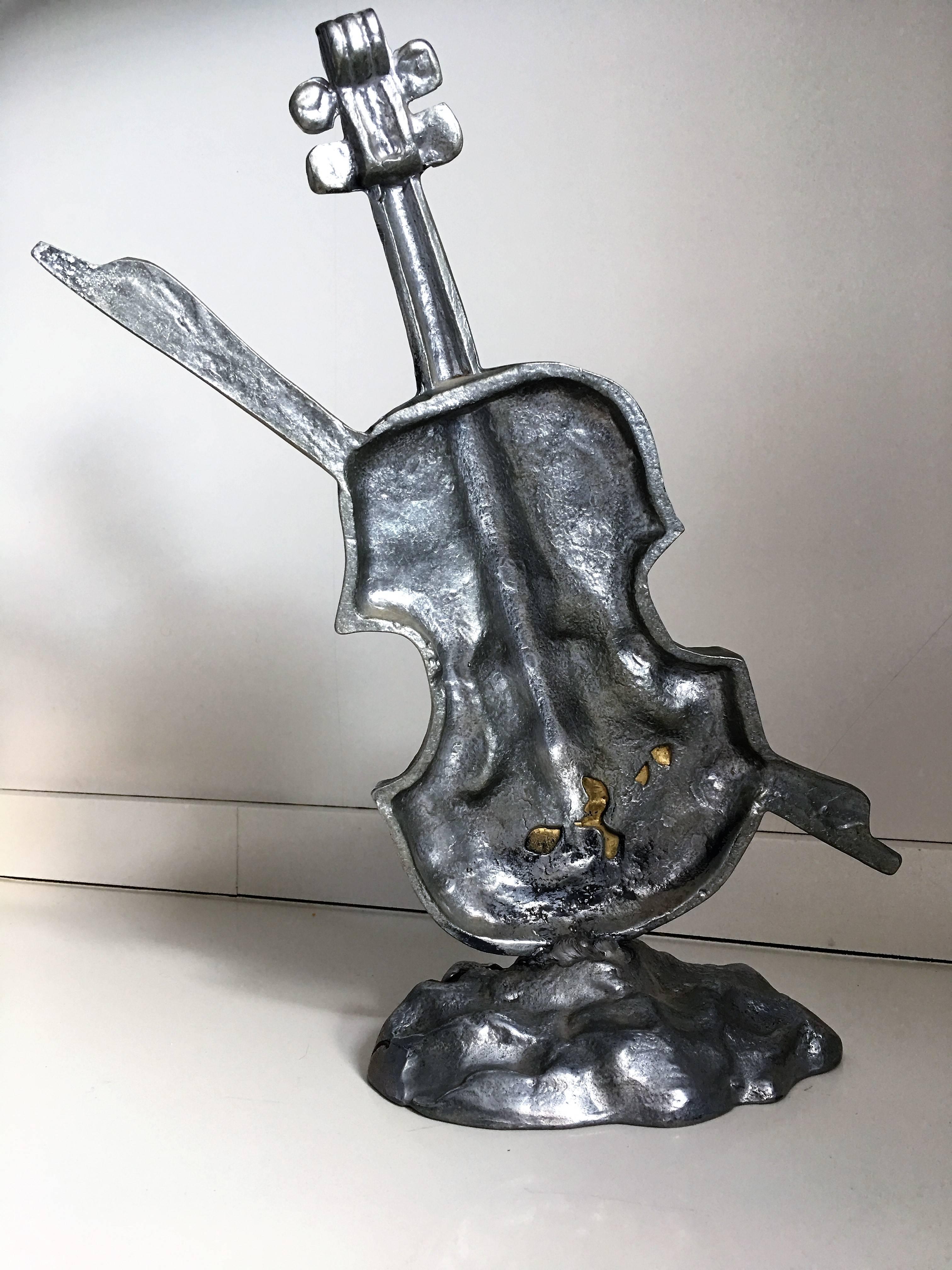 Mid-Century Modern 1960s Violin Metal Sculpture, Signed, France