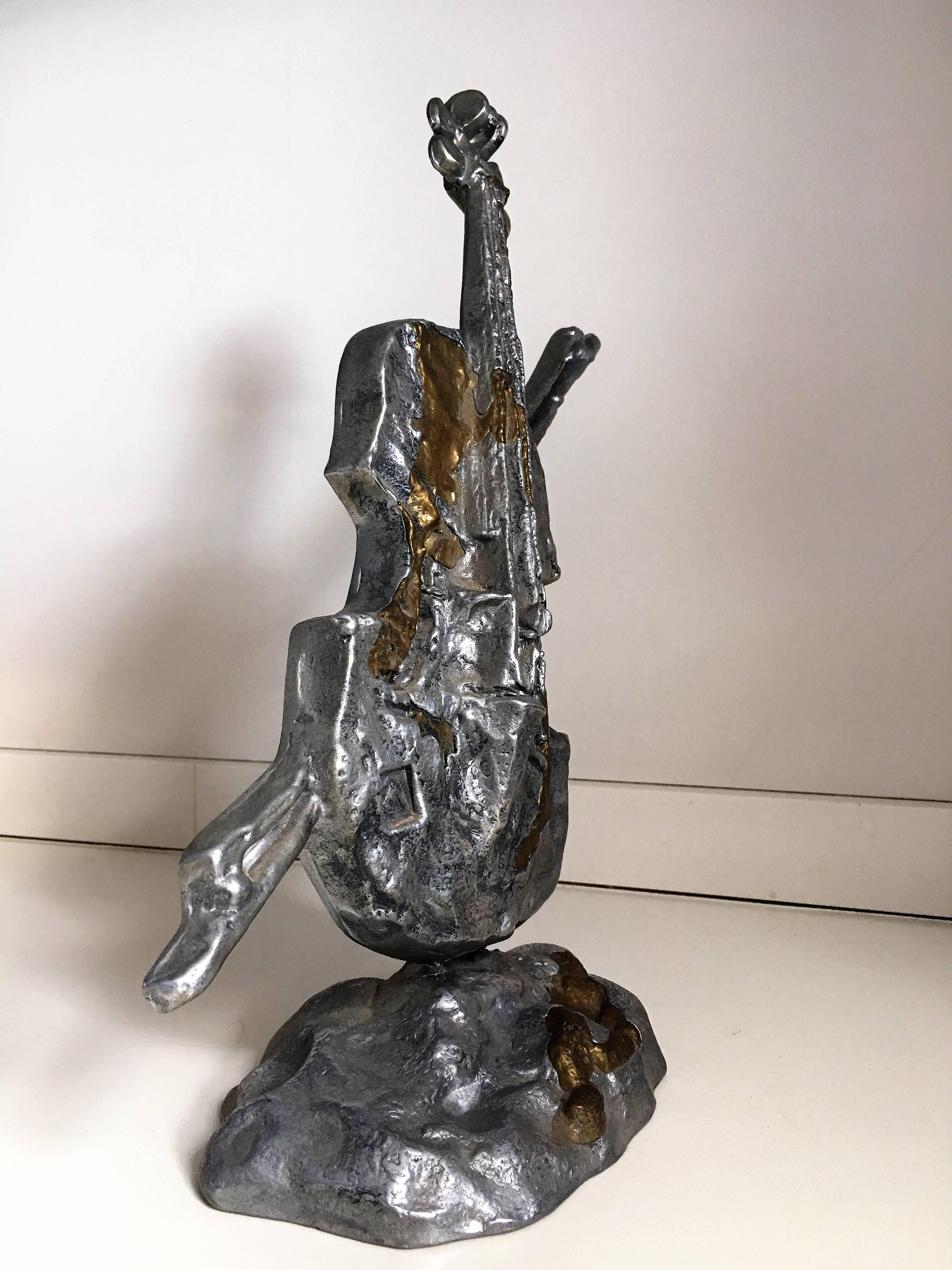 French 1960s Violin Metal Sculpture, Signed, France