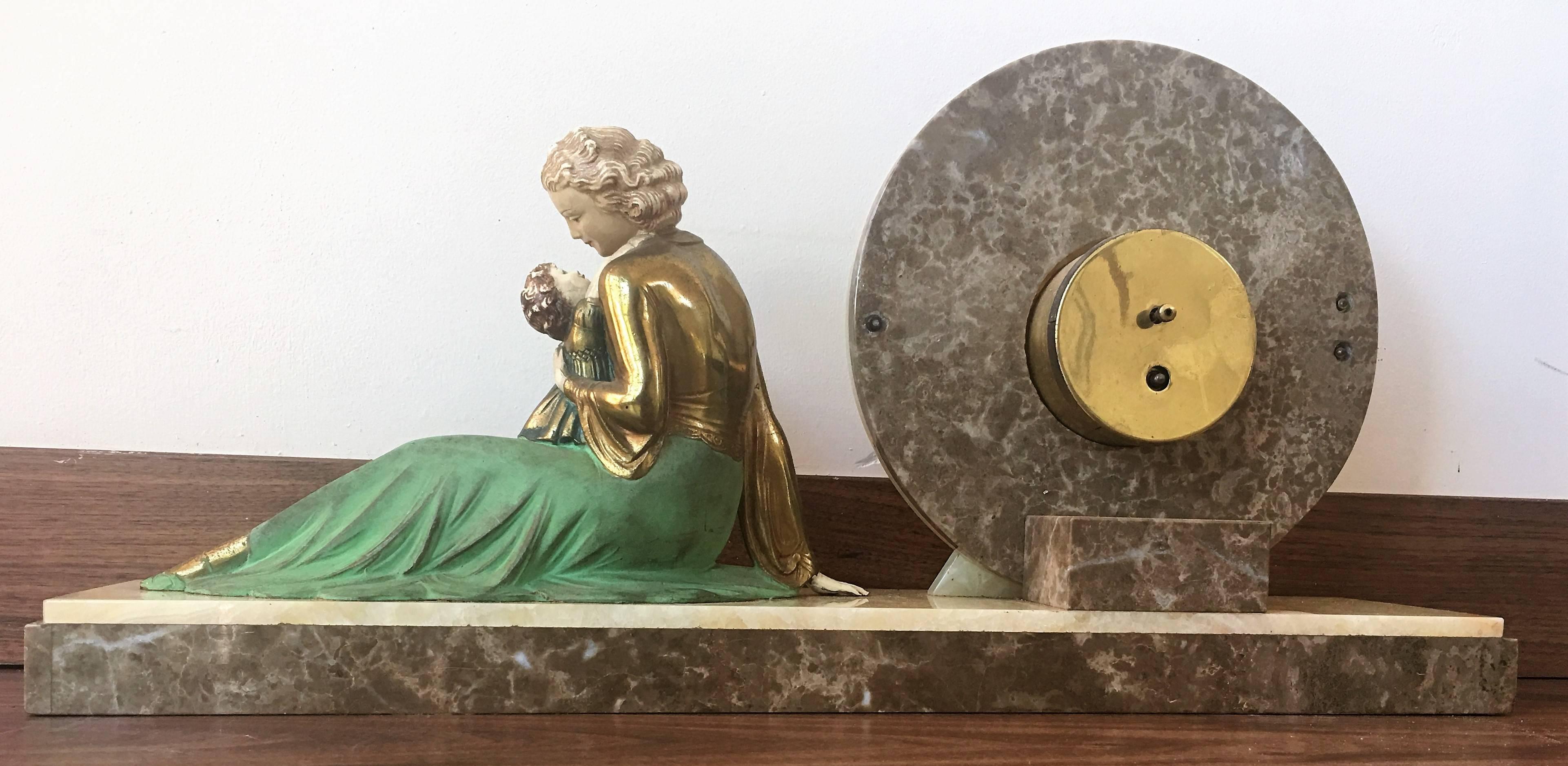 French Art Deco Clock with Figurine, circa 1920 Signed by J.Roggia, France
