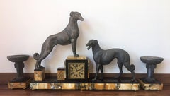 Art Deco Marble and French Bronze Clock Garniture with Greyhounds, circa 1920