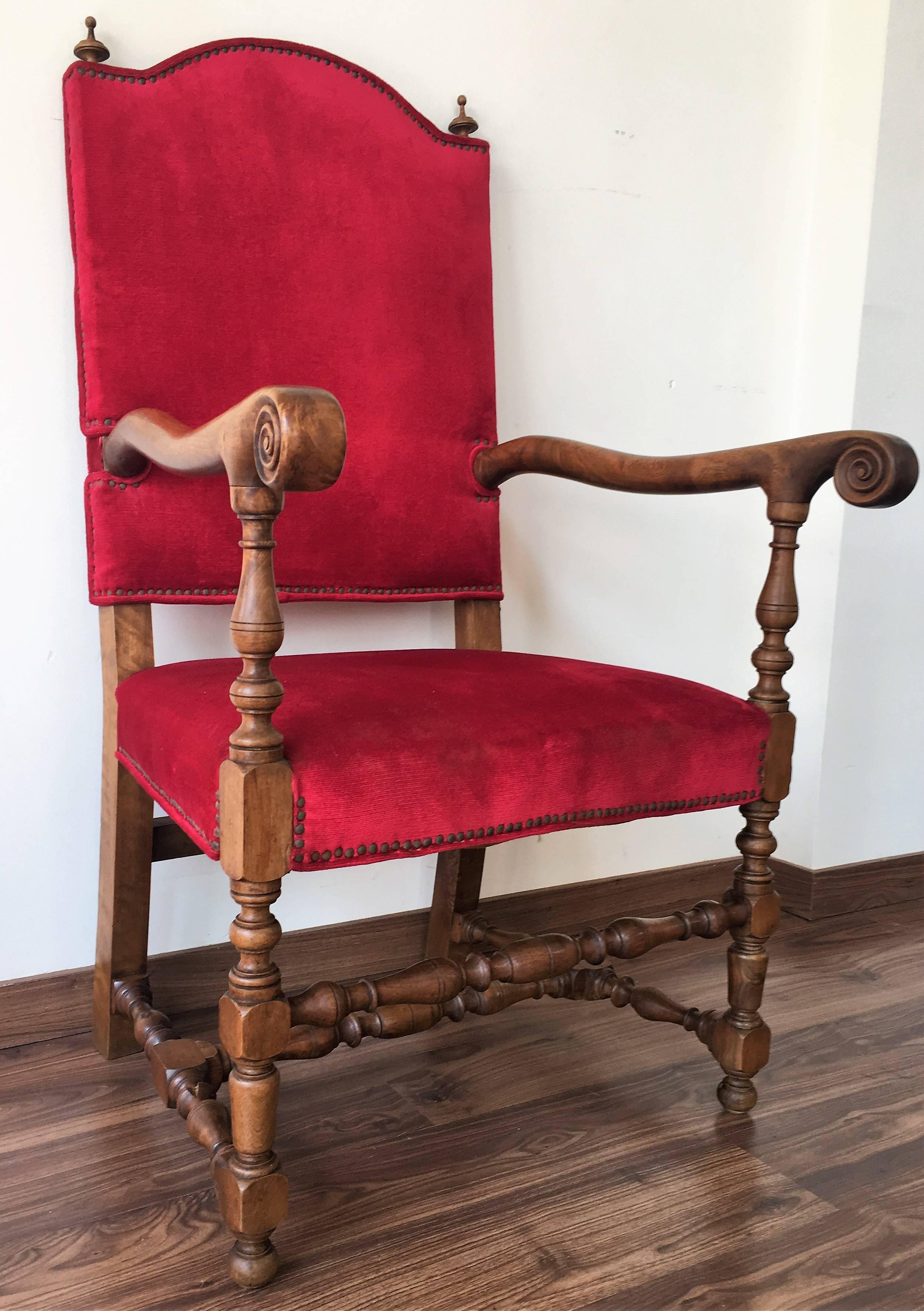 Fauteuils-Thronsessel im Louis-XIII-Stil des 19. Jahrhunderts aus rotem Samt (Louis XIII.) im Angebot