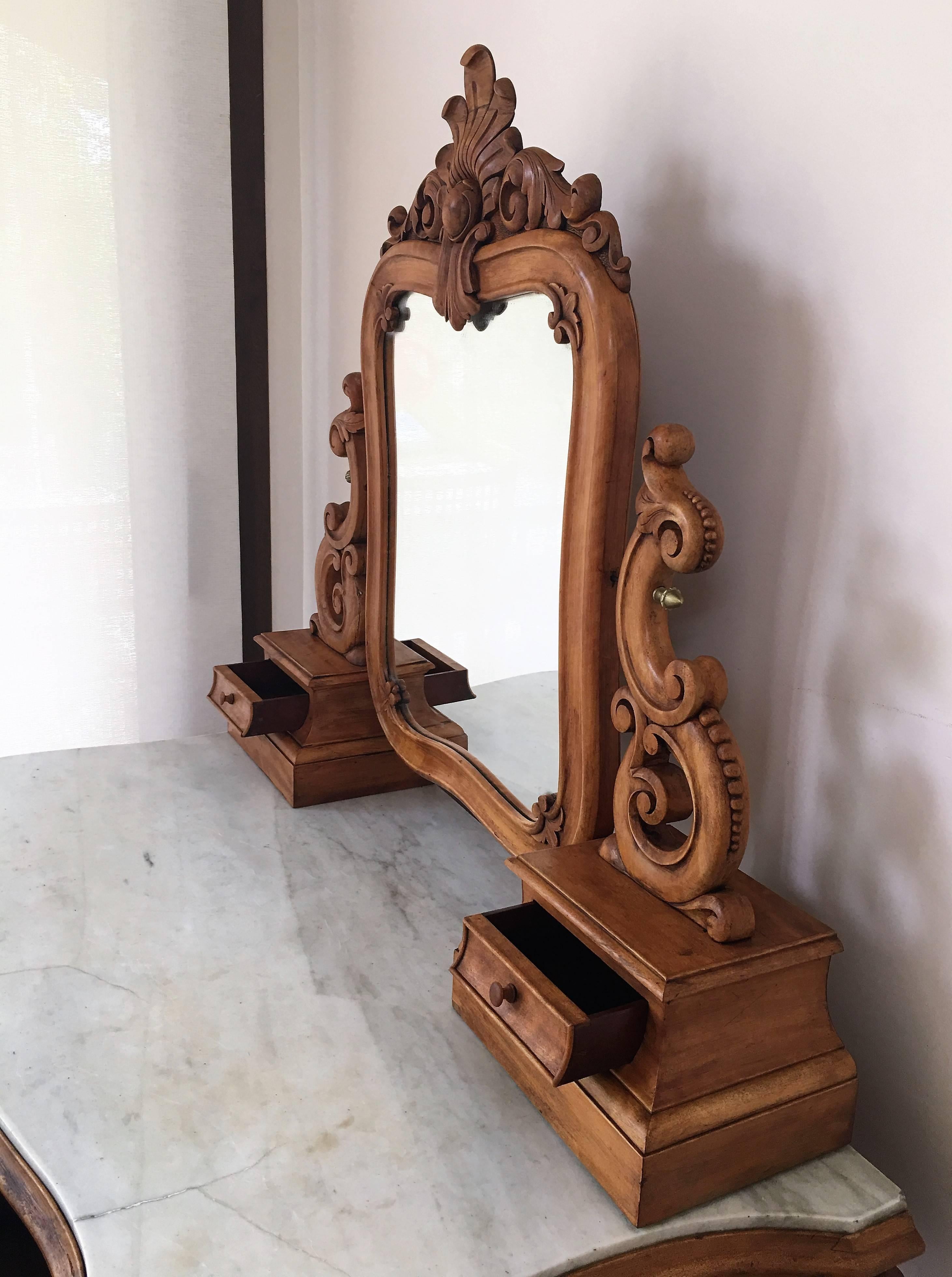 French Carved Victorian Mahogany Vanity or Dresser Table with Attached Mirror