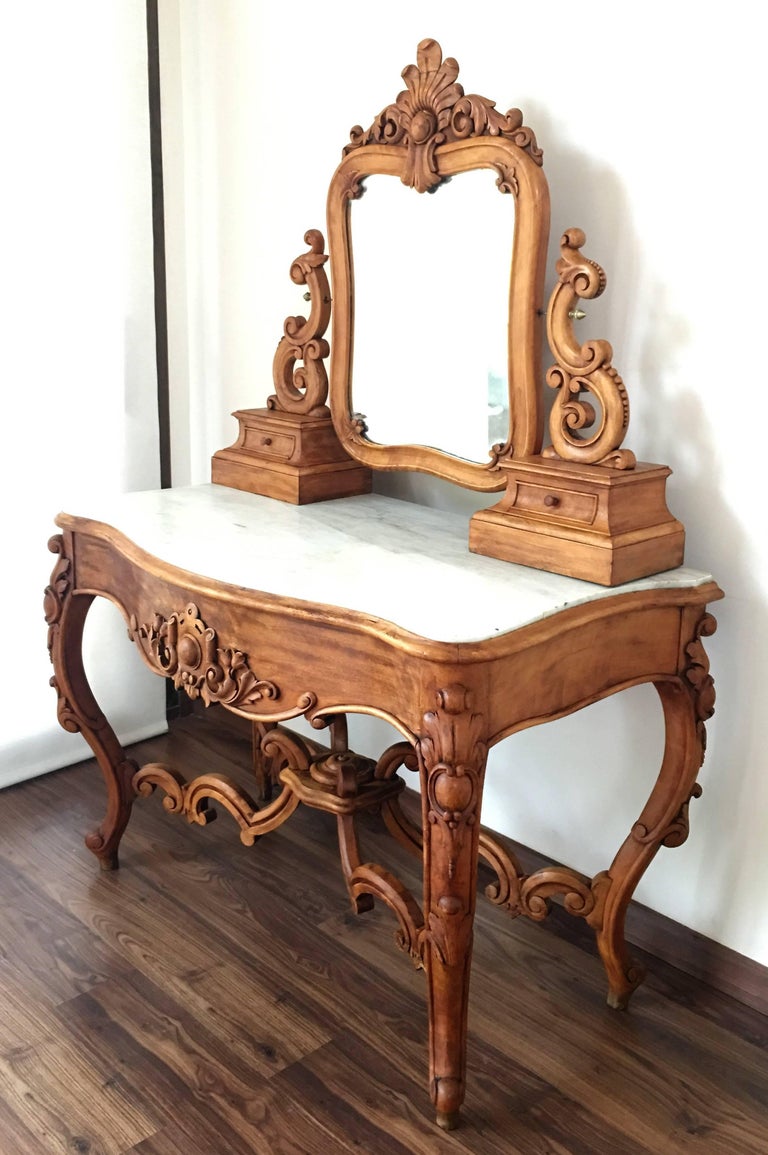 Carved Victorian Mahogany Vanity or Dressing Table with Attached Mirror