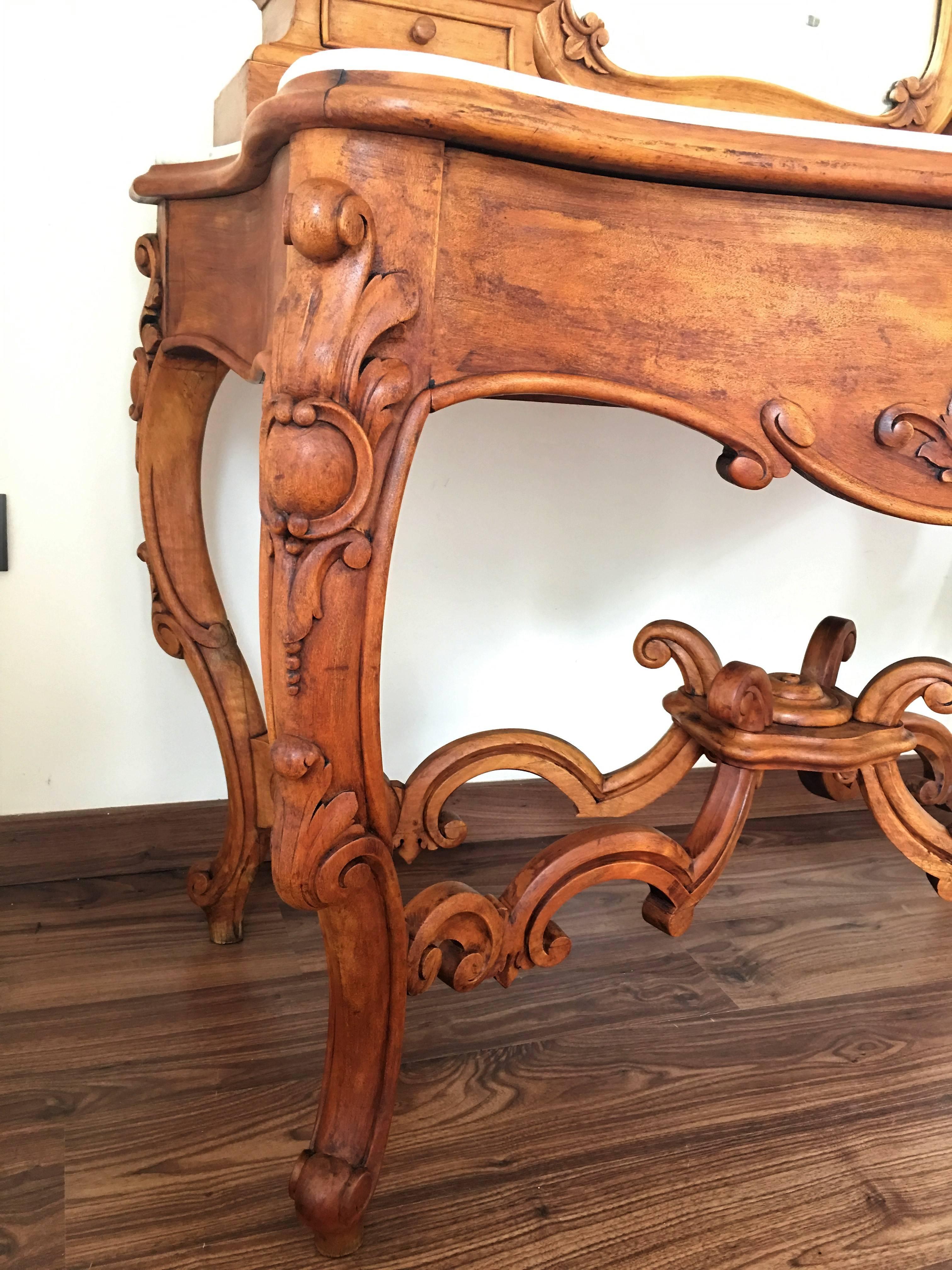 Carved Victorian Mahogany Vanity or Dresser Table with Attached Mirror 1