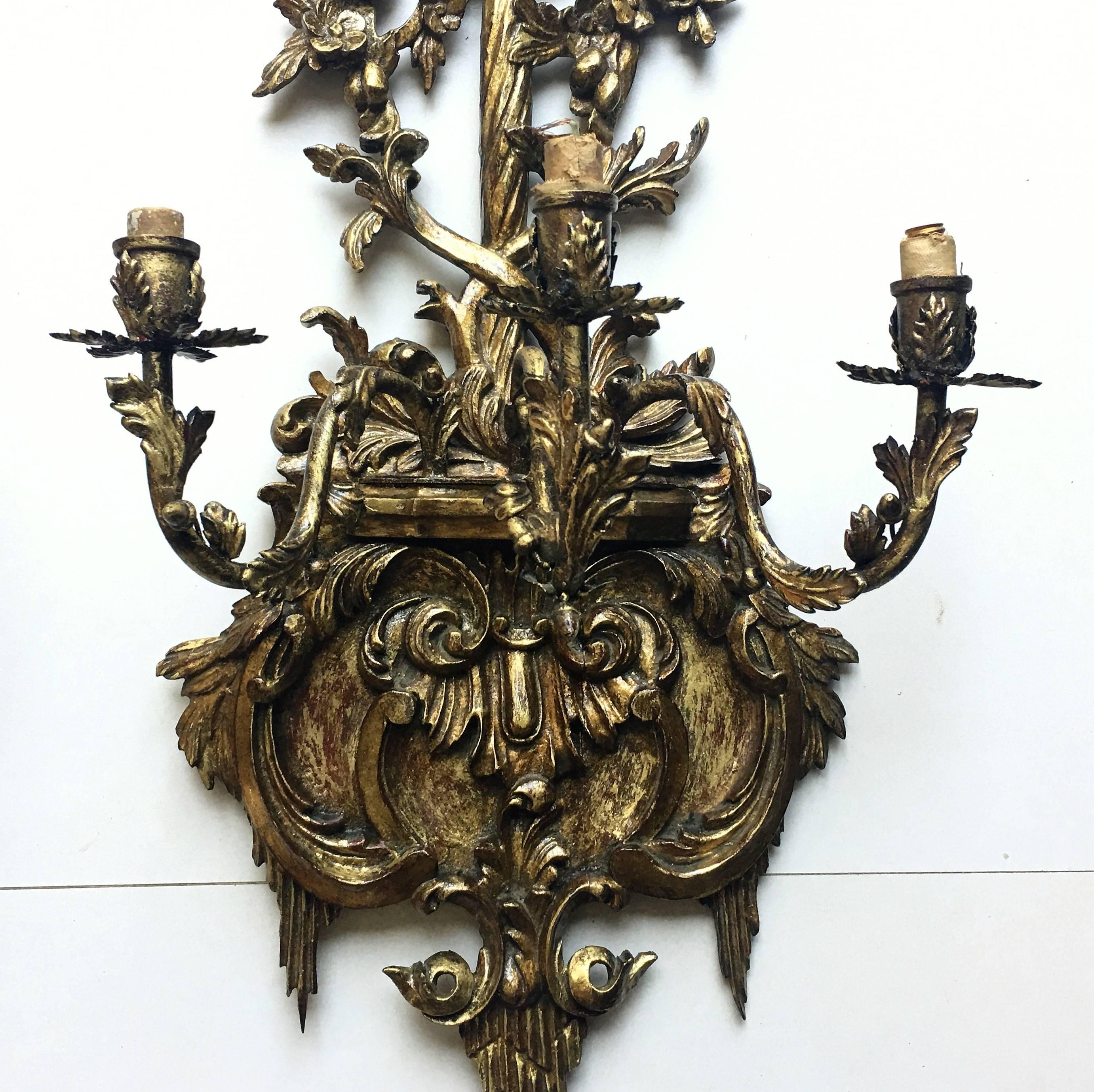 Pareja de candelabros o apliques de pared de madera dorada tallada de la Regencia del siglo XIX en venta 2