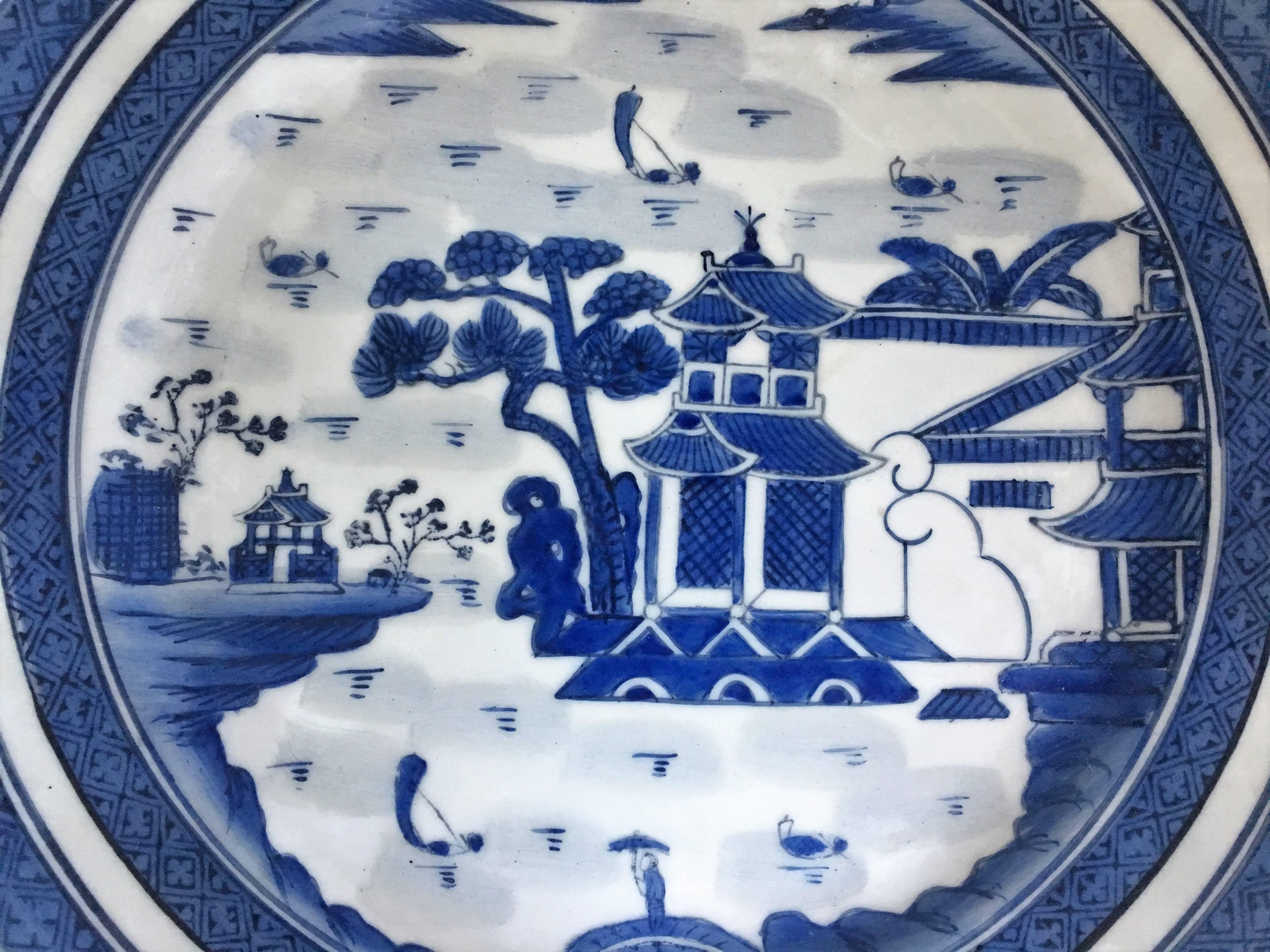 Chinese Export 20th Century Pair of Canton Blue and White Plates