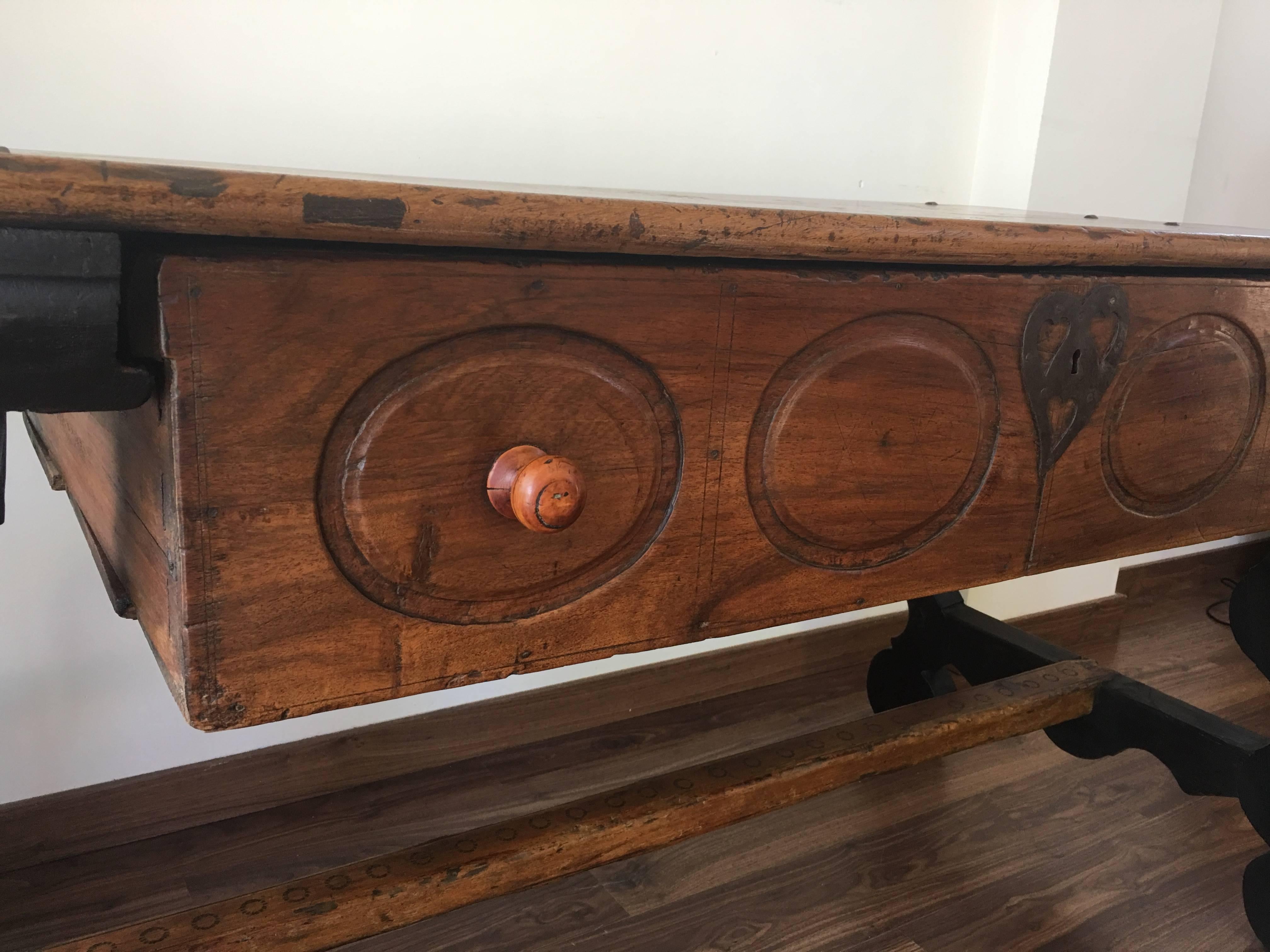 17th Spanish Refectory Table, Writing Desk, One Large Drawer In Excellent Condition For Sale In Miami, FL