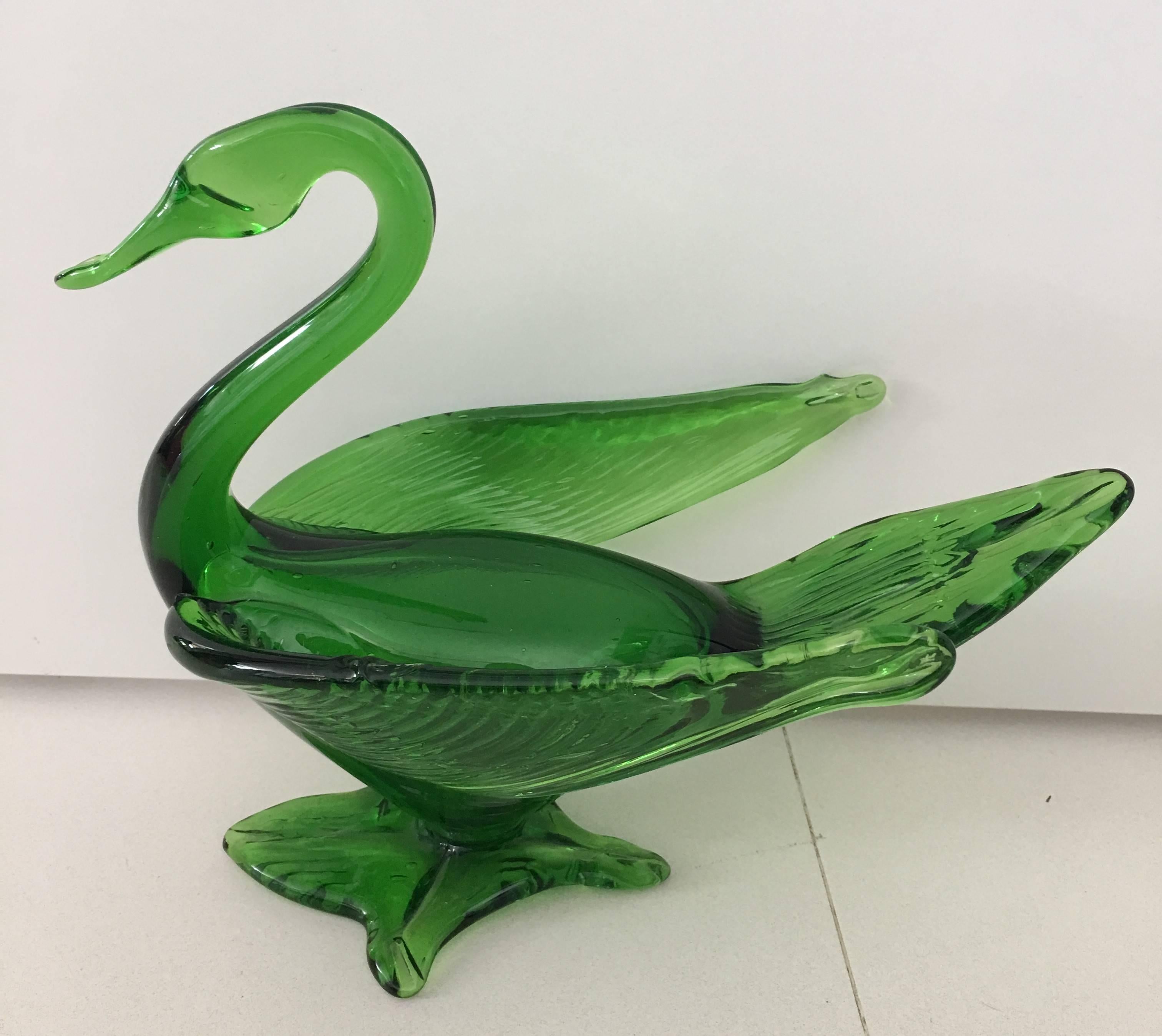 Archimede Murano green swan bird Italian art glass sculpture.