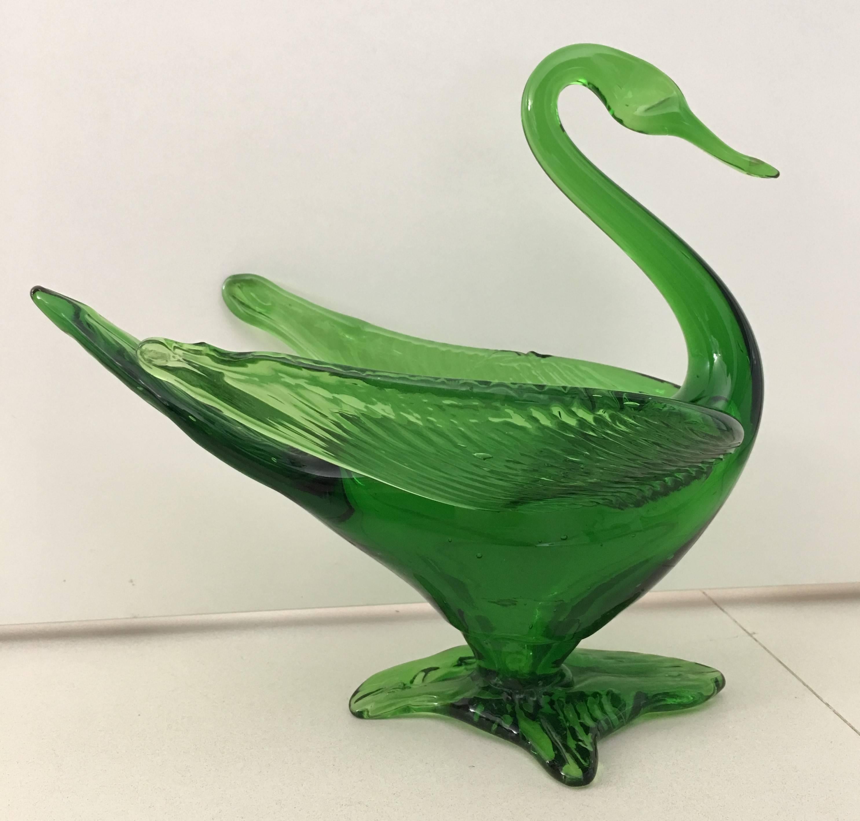 Murano Glass 20th Century Murano Green Swan Bird Italian Art Glass Sculpture