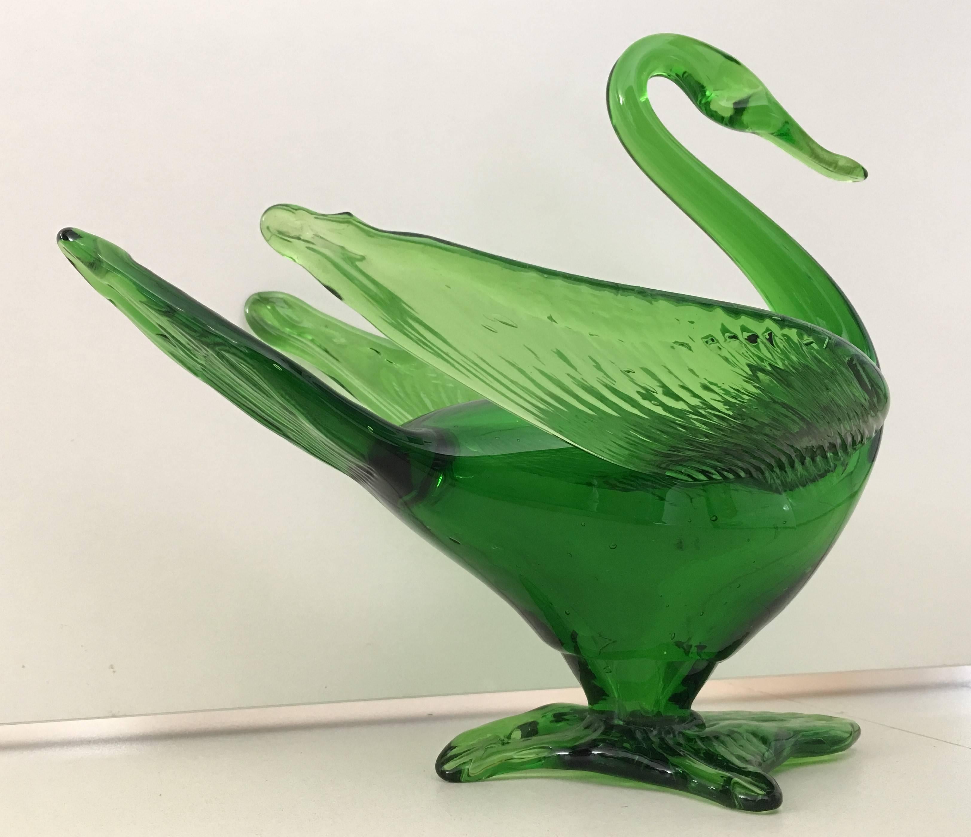 20th Century Murano Green Swan Bird Italian Art Glass Sculpture 1