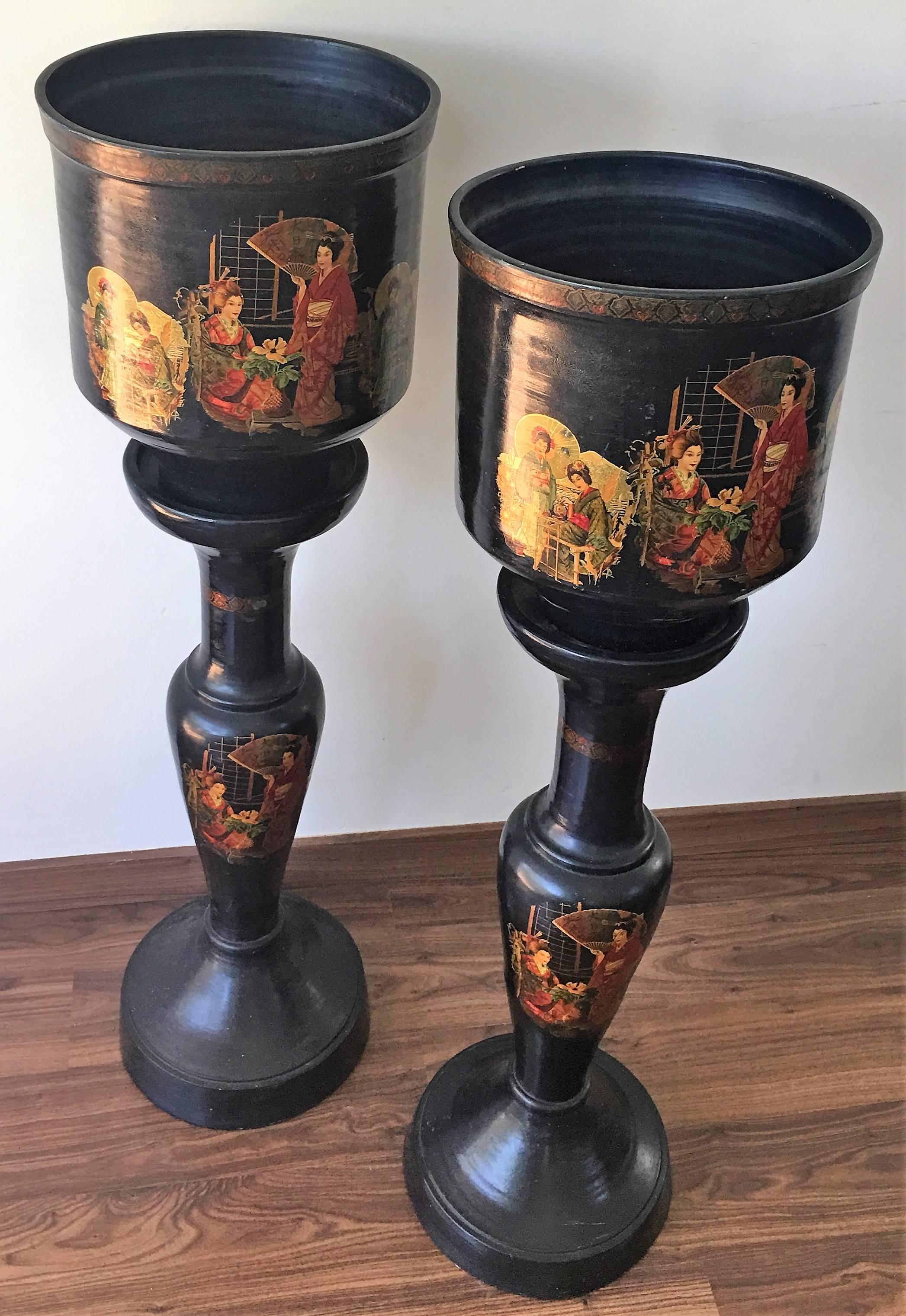 Pair of large chinoiserie style urns or vases on pedestals of glazed terracotta

Measurements:
Item A:
Pedestal: H 31.29 in, D 12.99 in, W 13.38 in
Total height with vase 45.66 in

Item B:
Pedestal: H 30.70 in, D 12.79 in, W 12.79 in
Total height