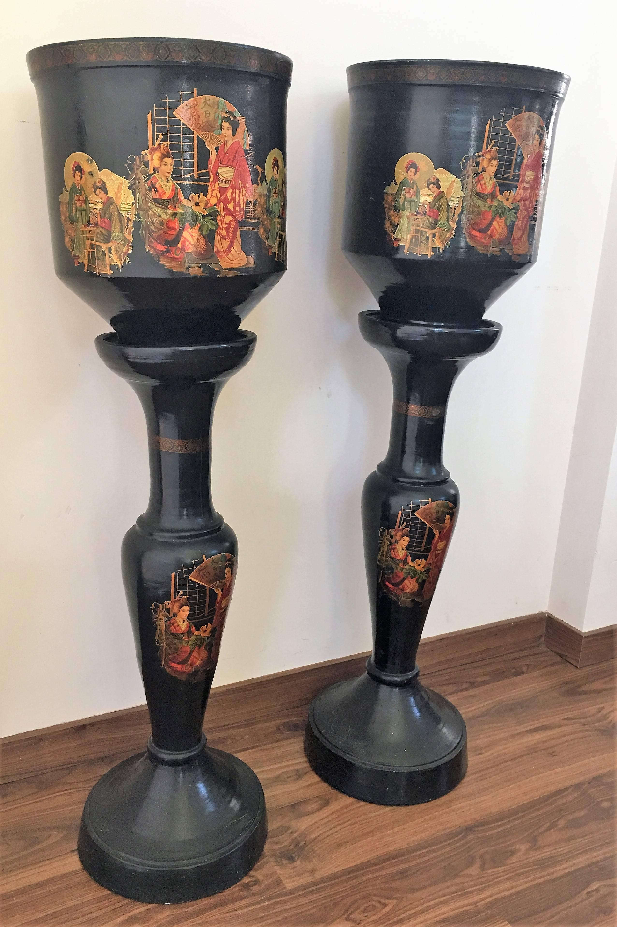 Asian Pair of Large Chinoiserie Style Urns or Vases on Pedestals of Glazed Terracotta